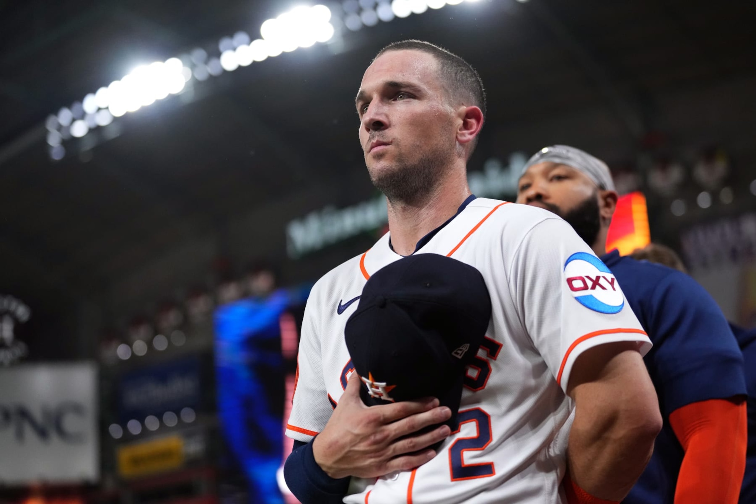 HOUSTON, TX - OCTOBER 23: Alex Bregman #2 of the Houston Astros looks on during the national anthem before Game 7 of the ALCS between the Texas Rangers and the Houston Astros at Minute Maid Park on Monday, October 23, 2023 in Houston, Texas. (Photo by Alex Bierens de Haan/MLB Photos via Getty Images)