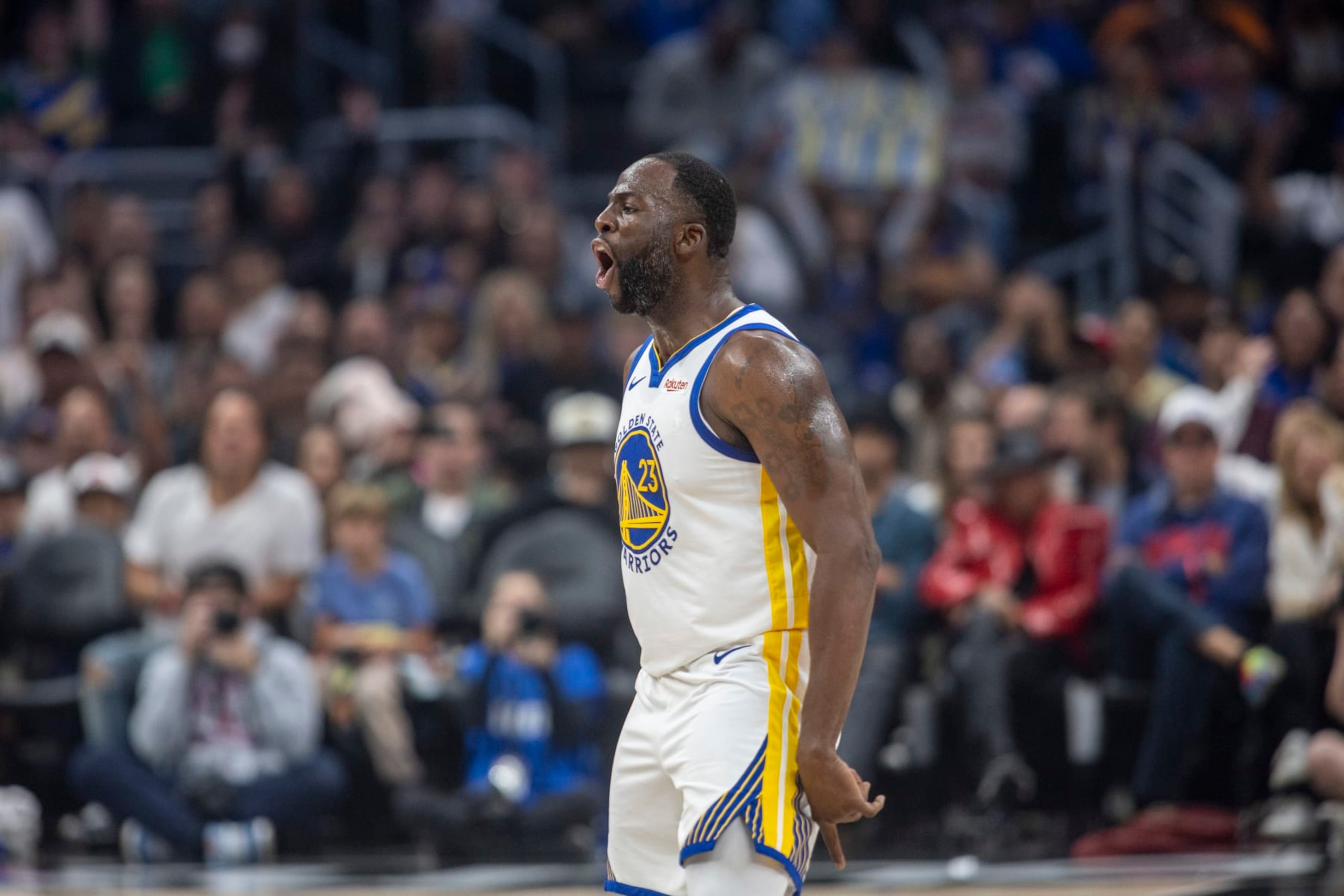 LOS ANGELES, CA - DECEMBER 02: Golden State Warriors forward Draymond Green (23) celebrates a basket in the first half of an NBA basketball game between the Golden State Warriors and Los Angeles Clippers, Saturday, December 2, 2023, at Crypto.com Arena in Los Angeles, California. (Photo by Tony Ding/Icon Sportswire via Getty Images)