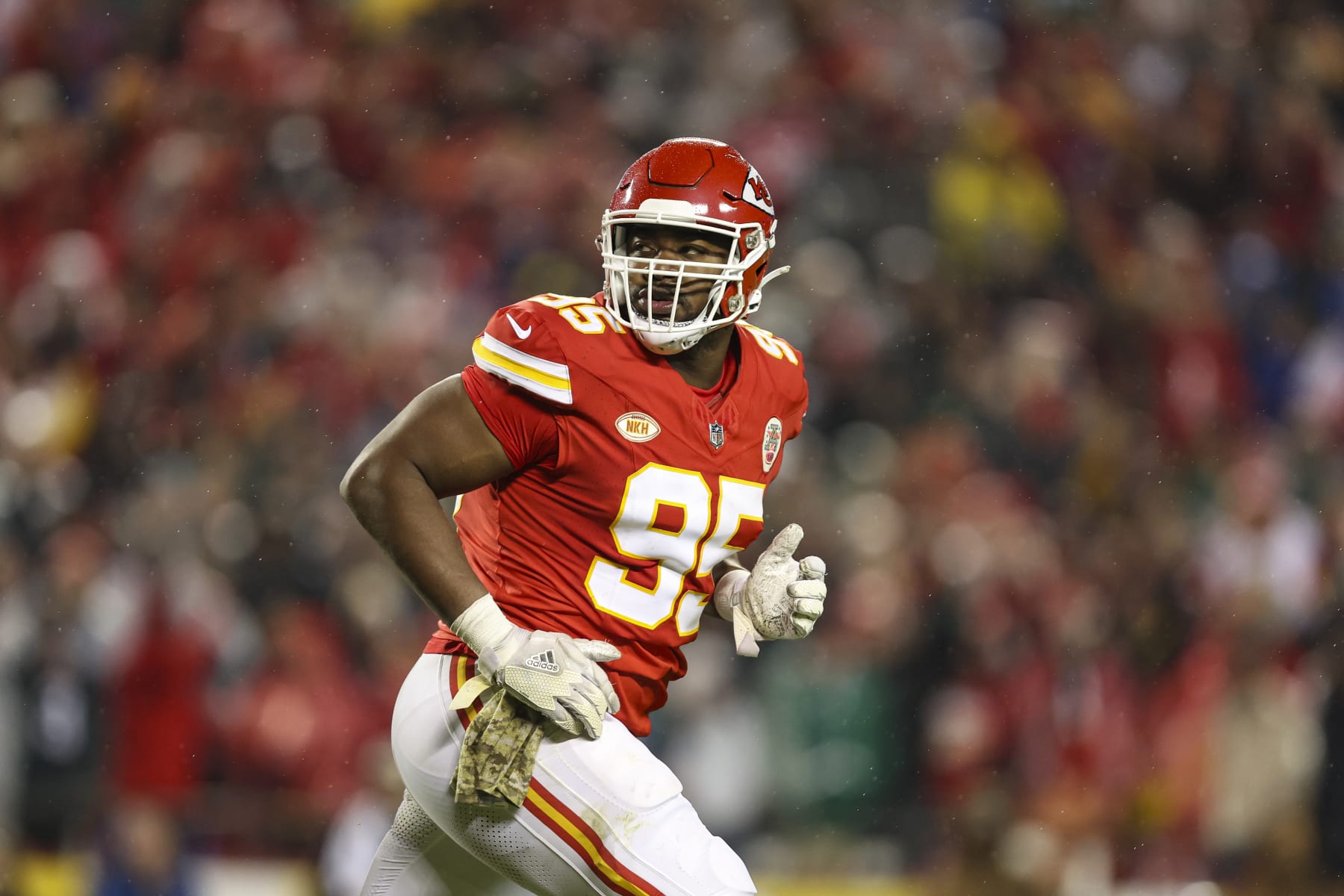 KANSAS CITY, MO - NOVEMBER 20: Chris Jones #95 of the Kansas City Chiefs celebrates during an NFL football game against the Philadelphia Eagles at GEHA Field at Arrowhead Stadium on November 20, 2023 in Kansas City, Missouri. (Photo by Perry Knotts/Getty Images)