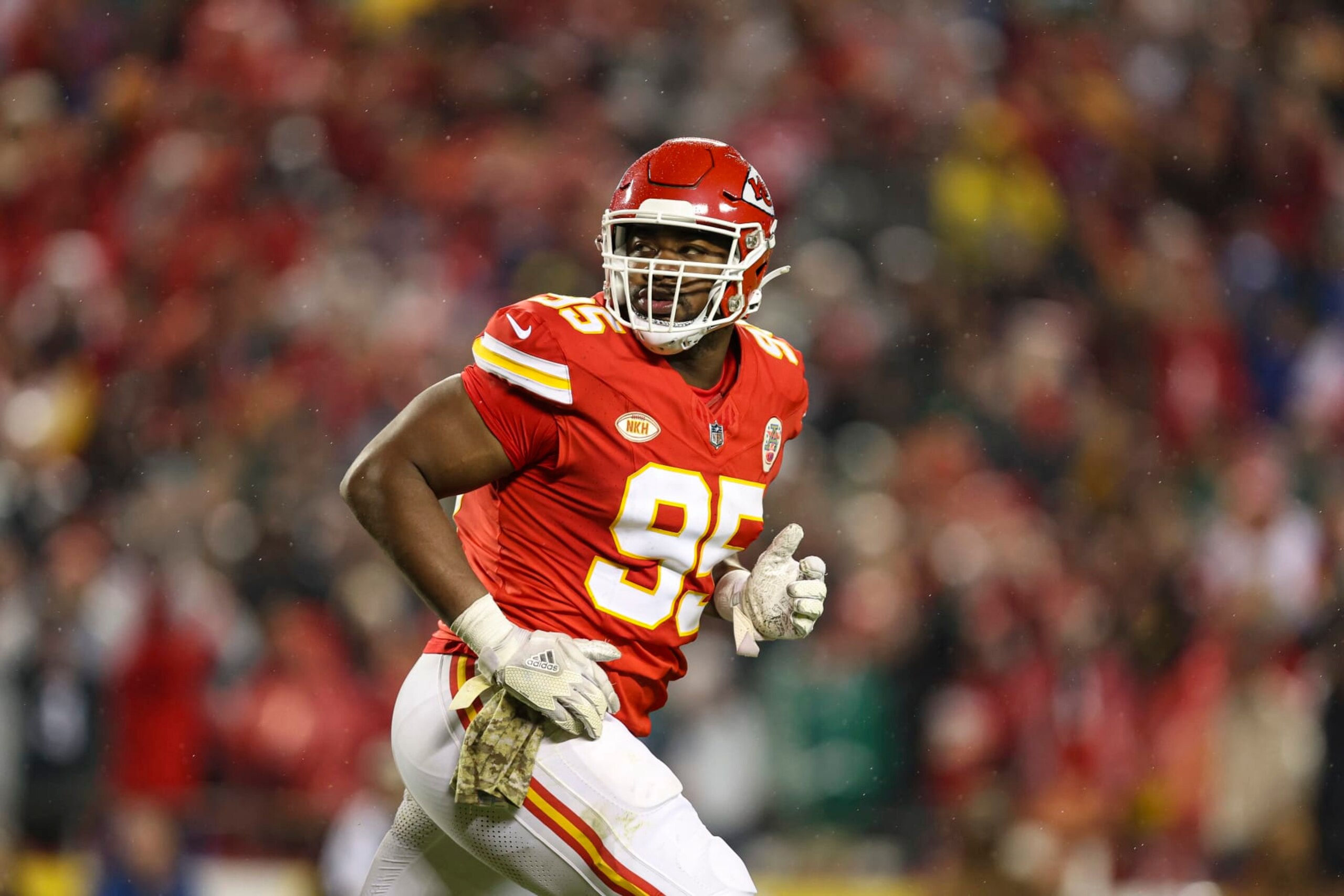 KANSAS CITY, MO - NOVEMBER 20: Chris Jones #95 of the Kansas City Chiefs celebrates during an NFL football game against the Philadelphia Eagles at GEHA Field at Arrowhead Stadium on November 20, 2023 in Kansas City, Missouri. (Photo by Perry Knotts/Getty Images) KANSAS CITY, MO - NOVEMBER 20: Chris Jones #95 of the Kansas City Chiefs celebrates during an NFL football game against the Philadelphia Eagles at GEHA Field at Arrowhead Stadium on November 20, 2023 in Kansas City, Missouri. (Photo by Perry Knotts/Getty Images)