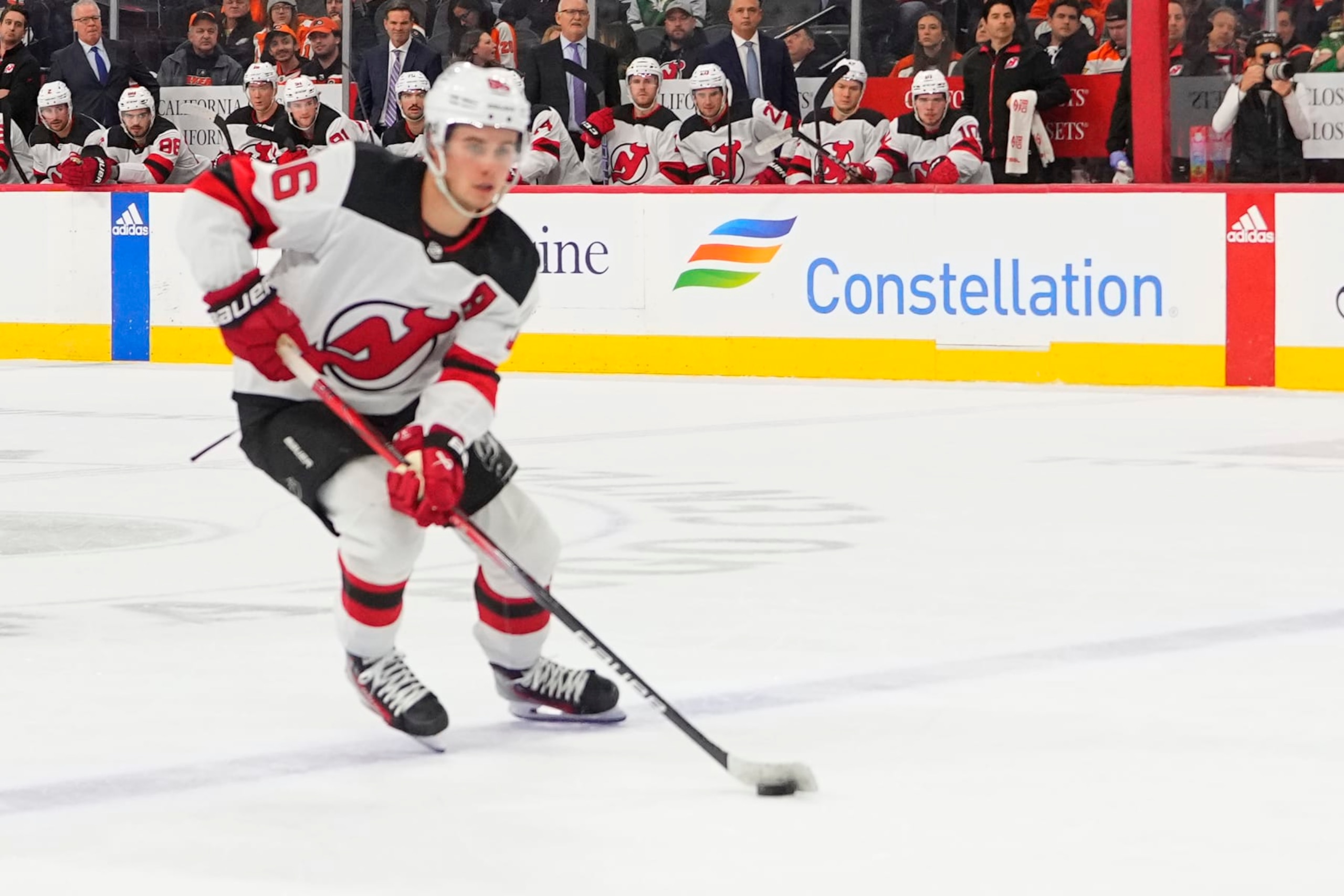 PHILADELPHIA, PA - NOVEMBER 30: New Jersey Devils Center Jack Hughes (86) skates with the puck during the first period of the National Hockey League game between the New Jersey Devils and the Philadelphia Flyers on November 30, 2023. At the Wells Fargo Center in Philadelphia, PA. (Photo by Gregory Fisher/Icon Sportswire via Getty Images) PHILADELPHIA, PA - NOVEMBER 30: New Jersey Devils Center Jack Hughes (86) skates with the puck during the first period of the National Hockey League game between the New Jersey Devils and the Philadelphia Flyers on November 30, 2023. At the Wells Fargo Center in Philadelphia, PA. (Photo by Gregory Fisher/Icon Sportswire via Getty Images)