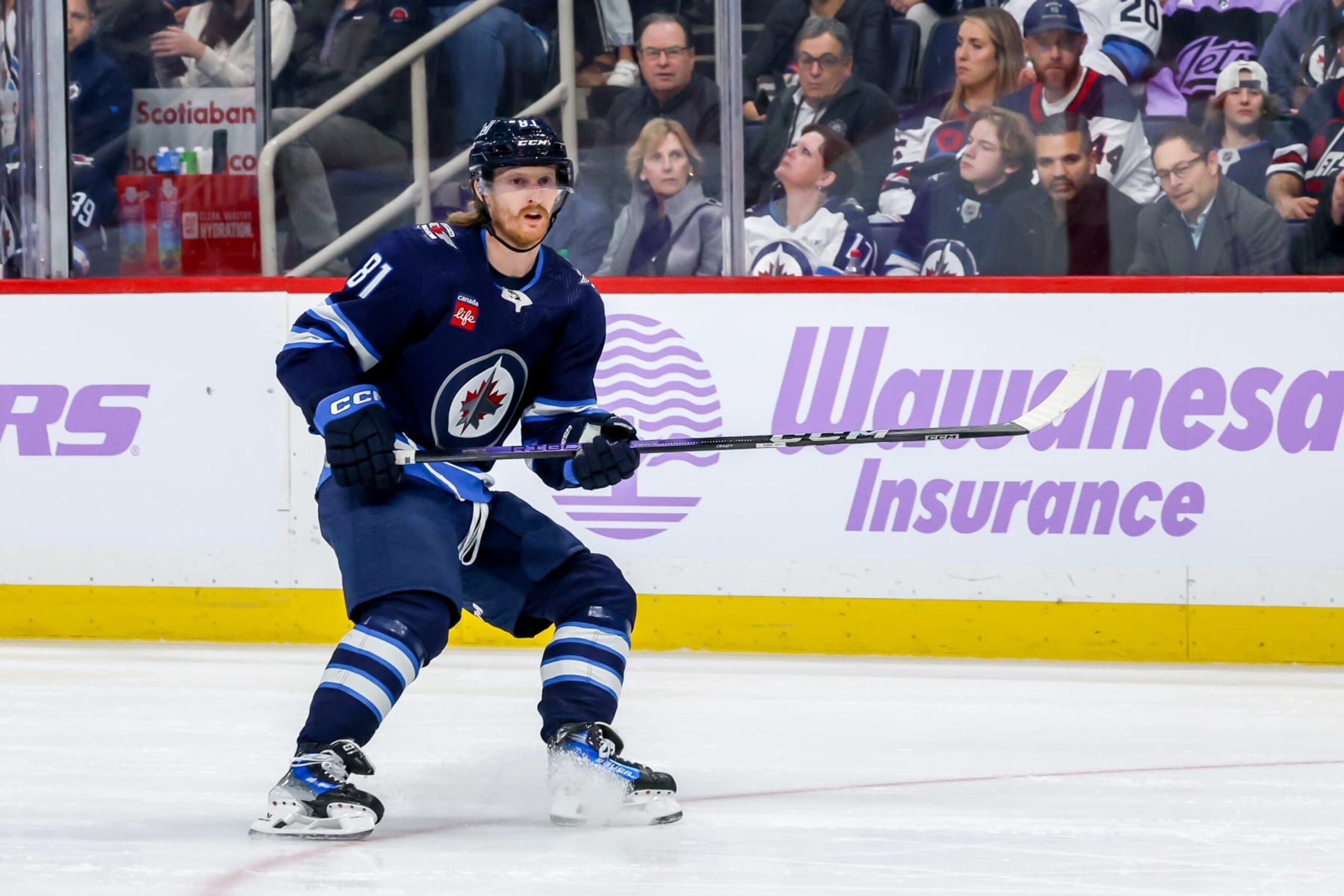 WINNIPEG, CANADA - NOVEMBER 28: Kyle Connor #81 of the Winnipeg Jets keeps an eye on the play during second period action against the Dallas Stars at the Canada Life Centre on November 28, 2023 in Winnipeg, Manitoba, Canada. (Photo by Jonathan Kozub/NHLI via Getty Images) WINNIPEG, CANADA - NOVEMBER 28: Kyle Connor #81 of the Winnipeg Jets keeps an eye on the play during second period action against the Dallas Stars at the Canada Life Centre on November 28, 2023 in Winnipeg, Manitoba, Canada. (Photo by Jonathan Kozub/NHLI via Getty Images)