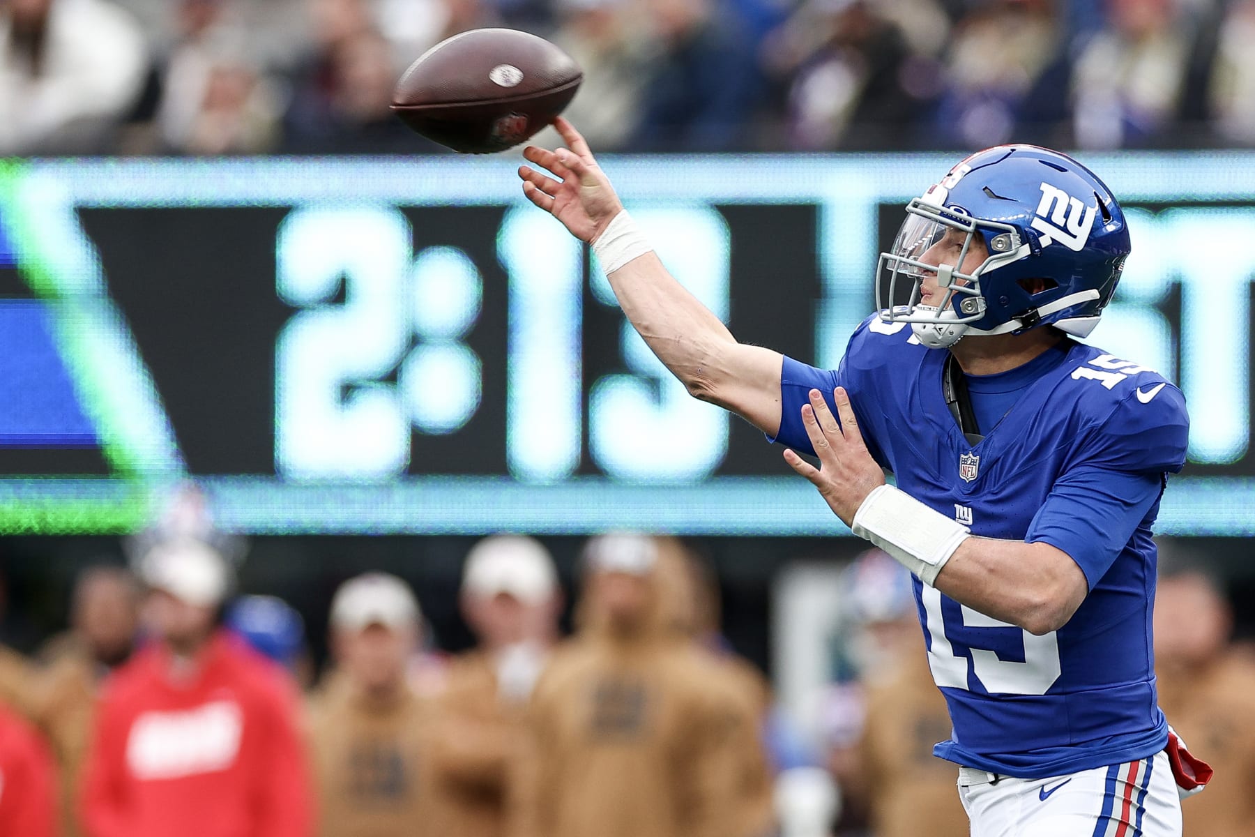 EAST RUTHERFORD, NEW JERSEY - NOVEMBER 26: Tommy DeVito #15 of the New York Giants attempts a pass during the second quarter against the New England Patriots at MetLife Stadium on November 26, 2023 in East Rutherford, New Jersey. (Photo by Elsa/Getty Images)