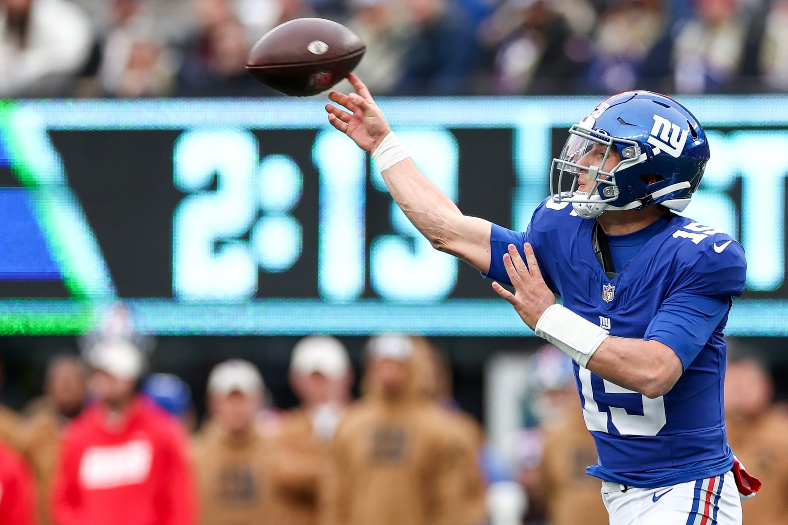 EAST RUTHERFORD, NEW JERSEY - NOVEMBER 26: Tommy DeVito #15 of the New York Giants attempts a pass during the second quarter against the New England Patriots at MetLife Stadium on November 26, 2023 in East Rutherford, New Jersey. (Photo by Elsa/Getty Images)