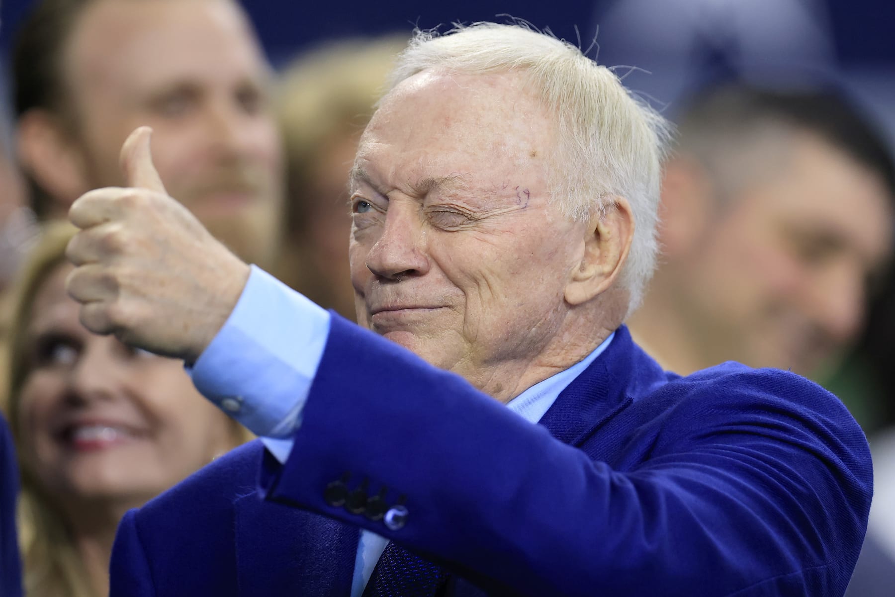 ARLINGTON, TEXAS - NOVEMBER 12: Dallas Cowboys owner Jerry Jones waves to fans during the game against the New York Giants at AT&T Stadium on November 12, 2023 in Arlington, Texas. (Photo by Ron Jenkins/Getty Images)