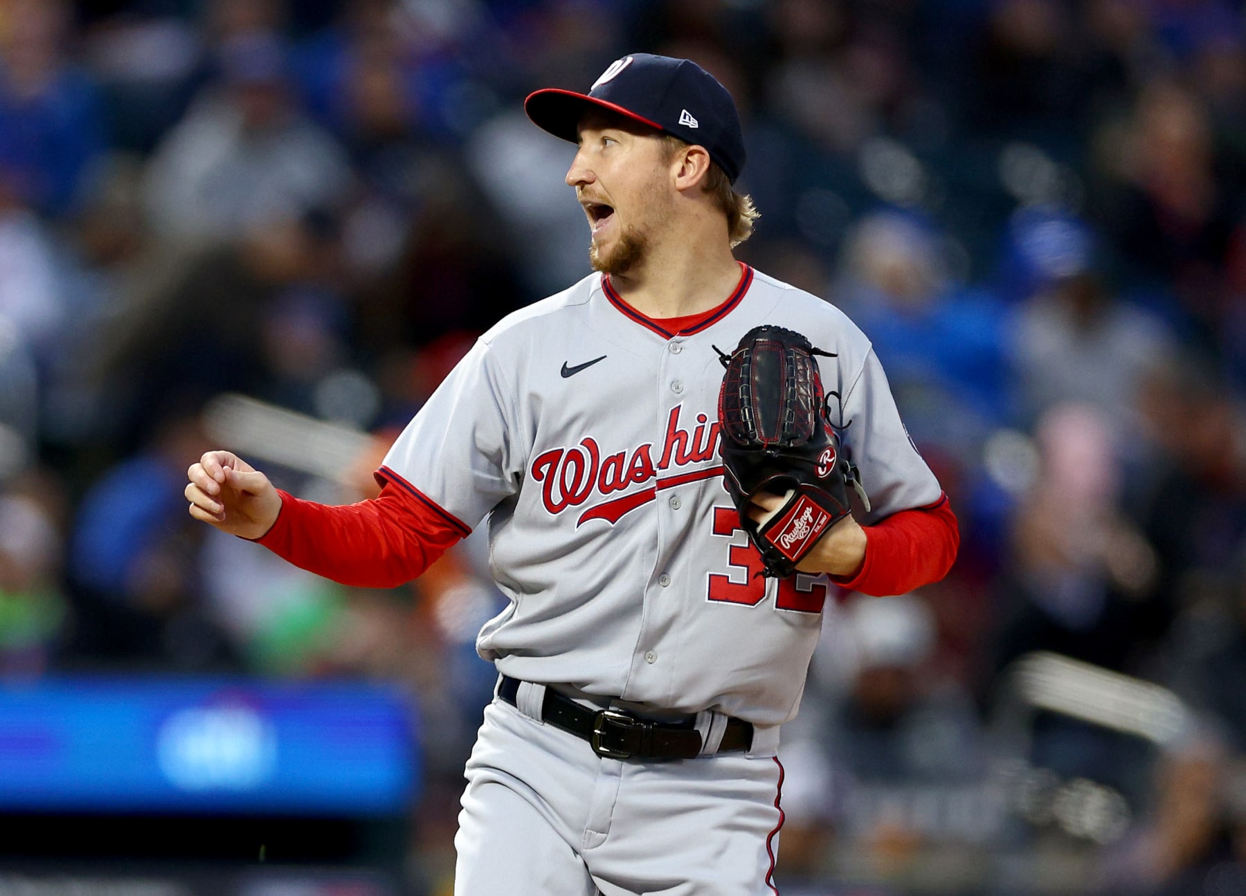 NEW YORK, NEW YORK - OCTOBER 05:  Erick Fedde #32 of the Washington Nationals reacts in the first inning against the New York Mets at Citi Field on October 05, 2022 in the Flushing neighborhood of the Queens borough of New York City. (Photo by Elsa/Getty Images)