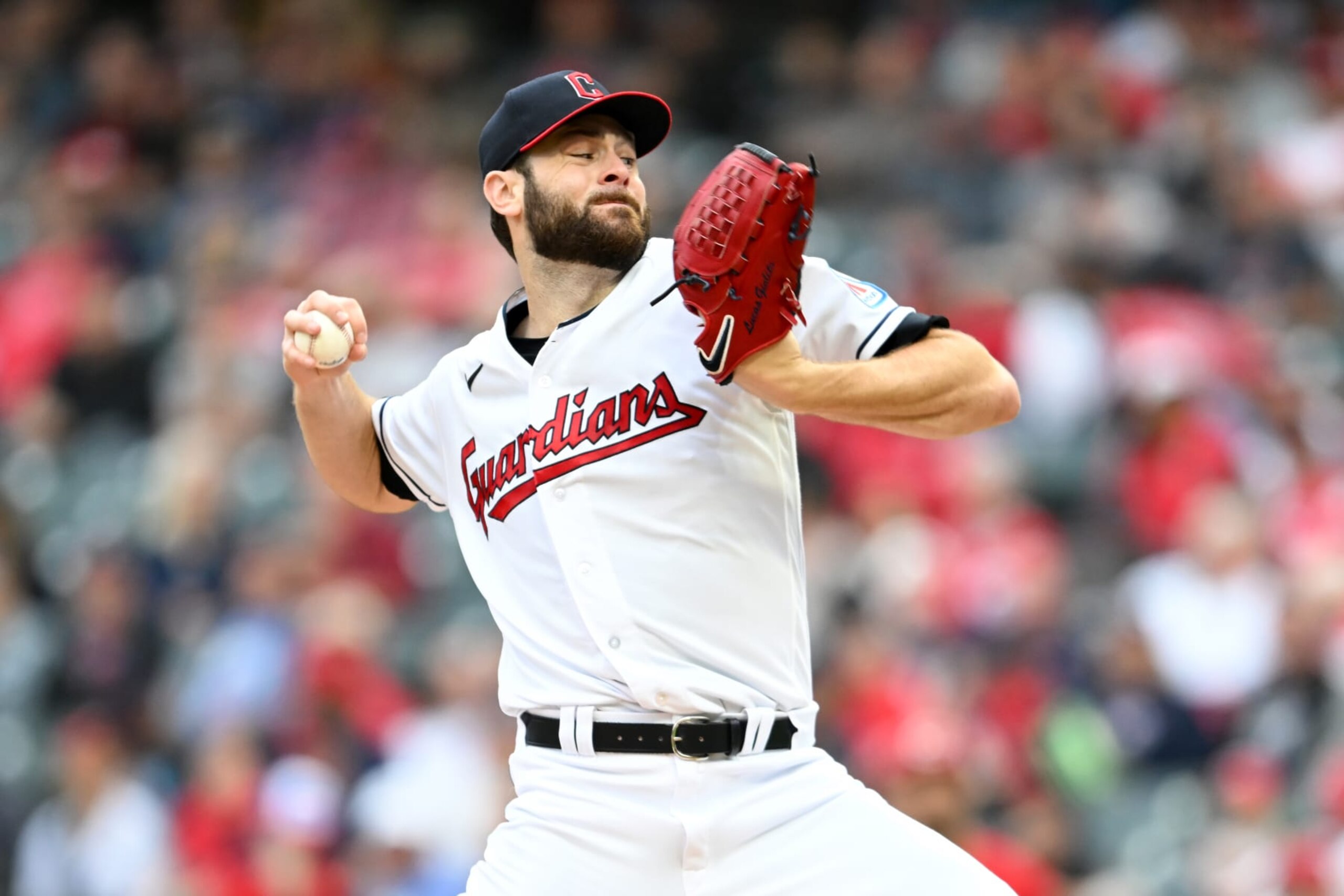 CLEVELAND, OHIO - SEPTEMBER 26, 2023: Lucas Giolito #27 of the Cleveland Guardians throws a pitch during the second inning against the Cincinnati Reds at Progressive Field on September 26, 2023 in Cleveland, Ohio. (Photo by Nick Cammett/Diamond Images via Getty Images)