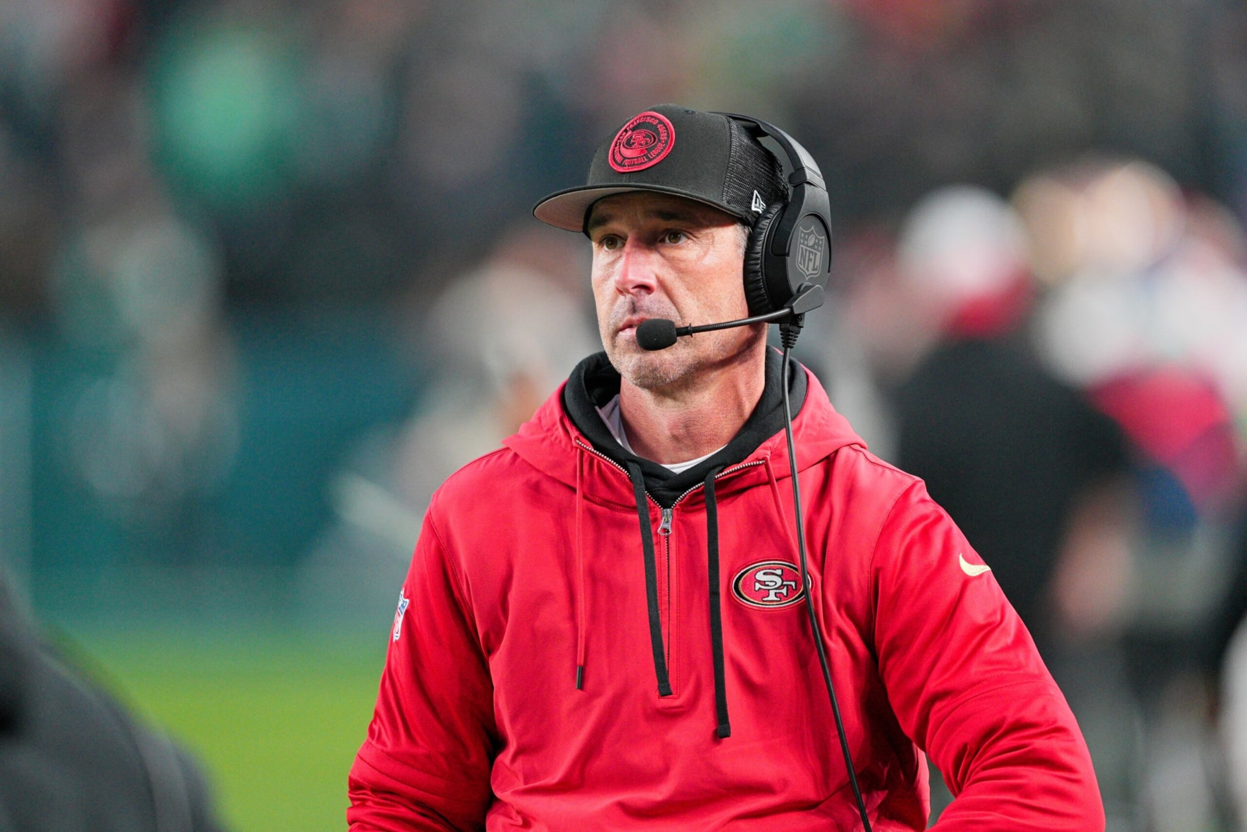 PHILADELPHIA, PA - DECEMBER 03: San Francisco 49ers head coach Kyle Shanahan looks on during the game between the San Fransisco 49ers and the Philadelphia Eagles on December 3, 2023 at Lincoln Financial Field. (Photo by Andy Lewis/Icon Sportswire via Getty Images)