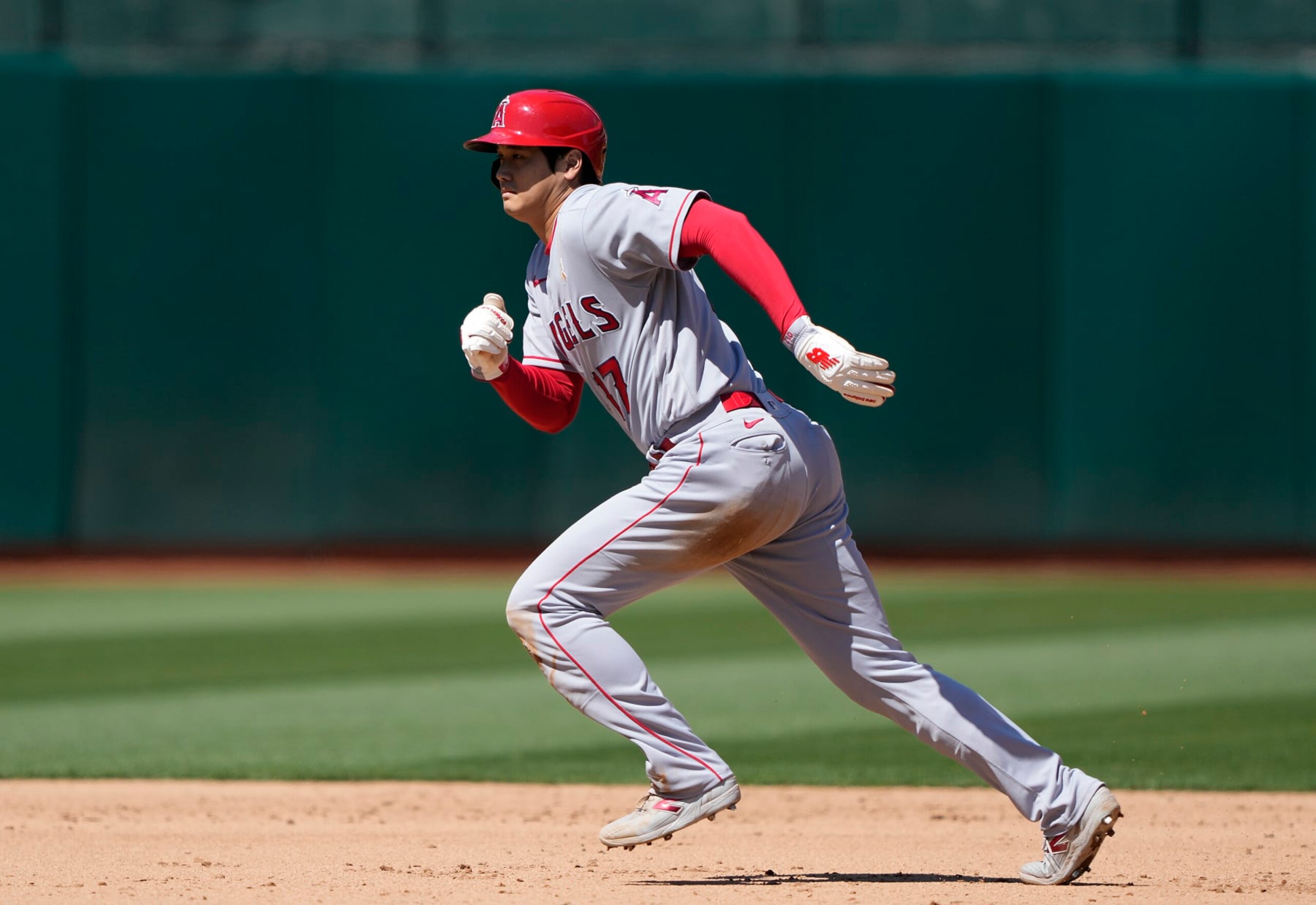 OAKLAND, CALIFORNIA - SEPTEMBER 03: Shohei Ohtani #17 of the Los Angeles Angels runs the bases against the Oakland Athletics in the top of the fifth inning at RingCentral Coliseum on September 03, 2023 in Oakland, California. (Photo by Thearon W. Henderson/Getty Images)