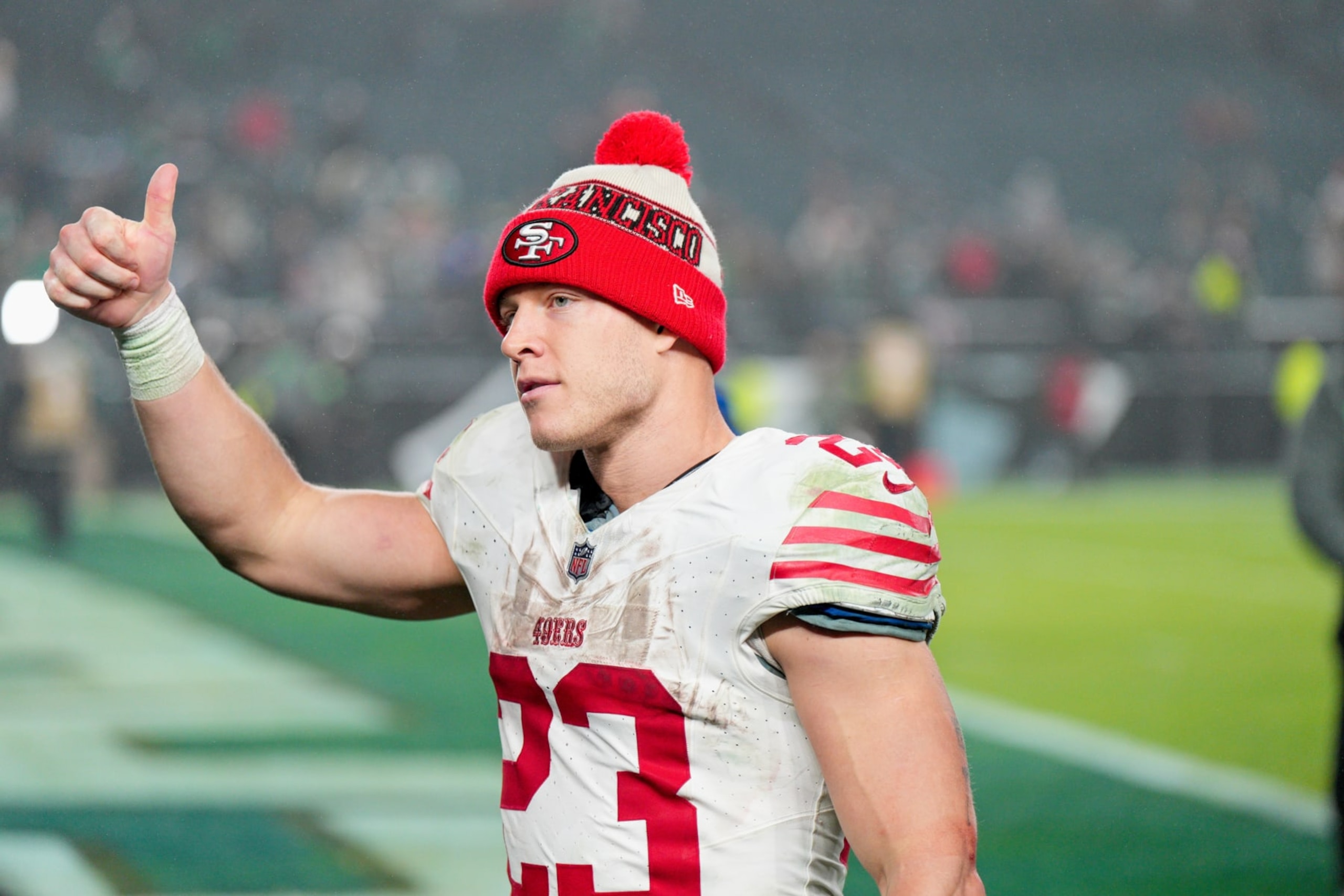 PHILADELPHIA, PA - DECEMBER 03: San Francisco 49ers running back Christian McCaffrey (23) looks on during the game between the San Fransisco 49ers and the Philadelphia Eagles on December 3, 2023 at Lincoln Financial Field. (Photo by Andy Lewis/Icon Sportswire via Getty Images)