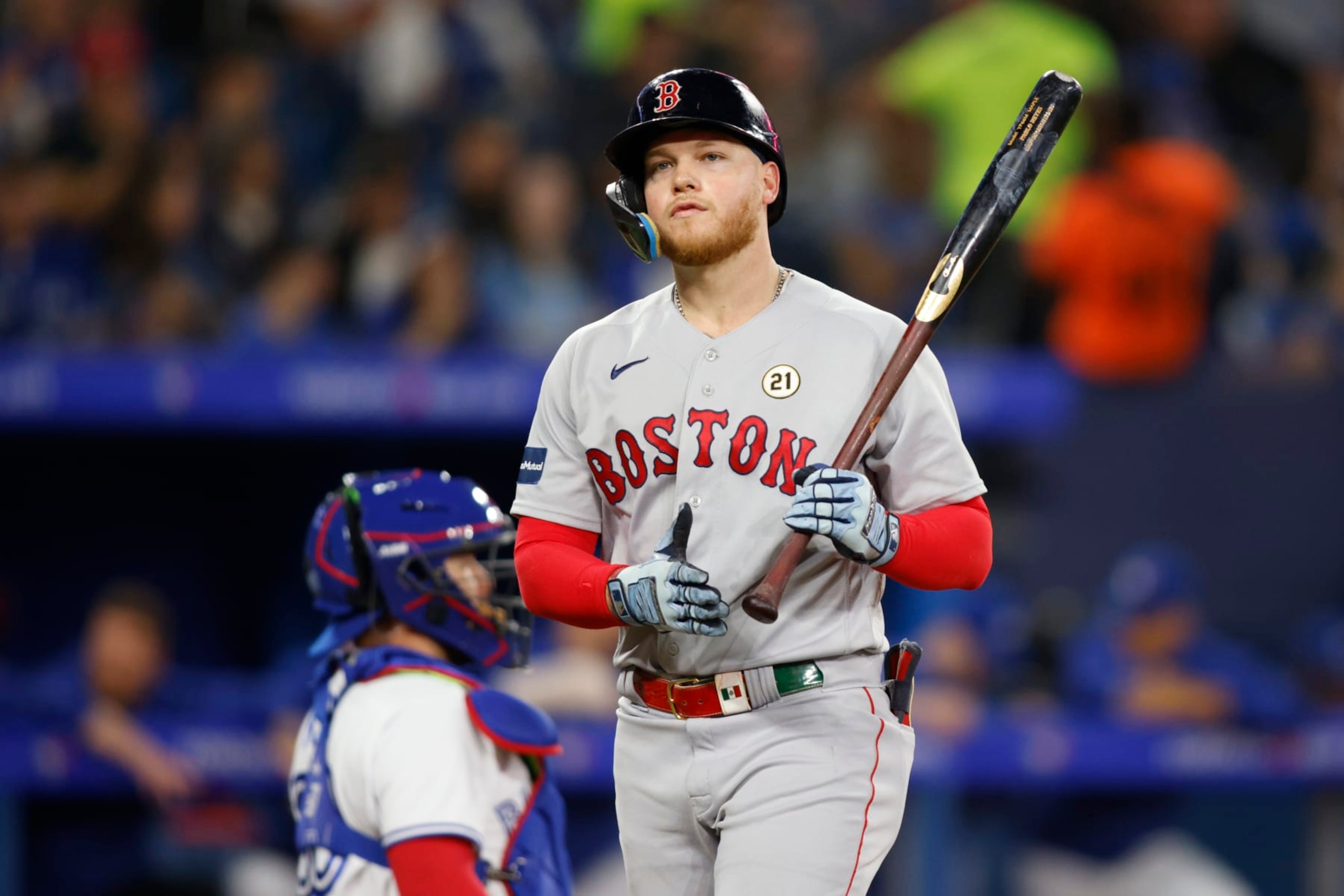 TORONTO, CANADA - SEPTEMBER 15: Alex Verdugo #99 of the Boston Red Sox at bat during their MLB game against the Toronto Blue Jays at Rogers Centre on September 15, 2023 in Toronto, Canada. (Photo by Cole Burston/Getty Images) TORONTO, CANADA - SEPTEMBER 15: Alex Verdugo #99 of the Boston Red Sox at bat during their MLB game against the Toronto Blue Jays at Rogers Centre on September 15, 2023 in Toronto, Canada. (Photo by Cole Burston/Getty Images)