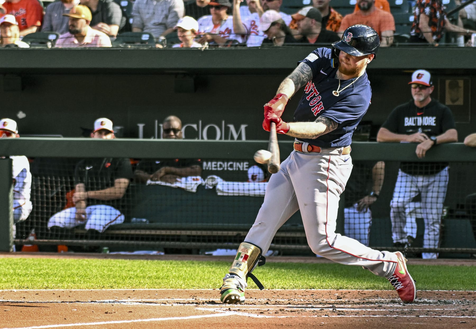 BALTIMORE, MD - October 01: Boston Red Sox right fielder Alex Verdugo (99) bats during the Boston Red Sox versus the Baltimore Orioles on October 1, 2023 at Oriole Park at Camden Yards in Baltimore, MD.  (Photo by Mark Goldman/Icon Sportswire via Getty Images)