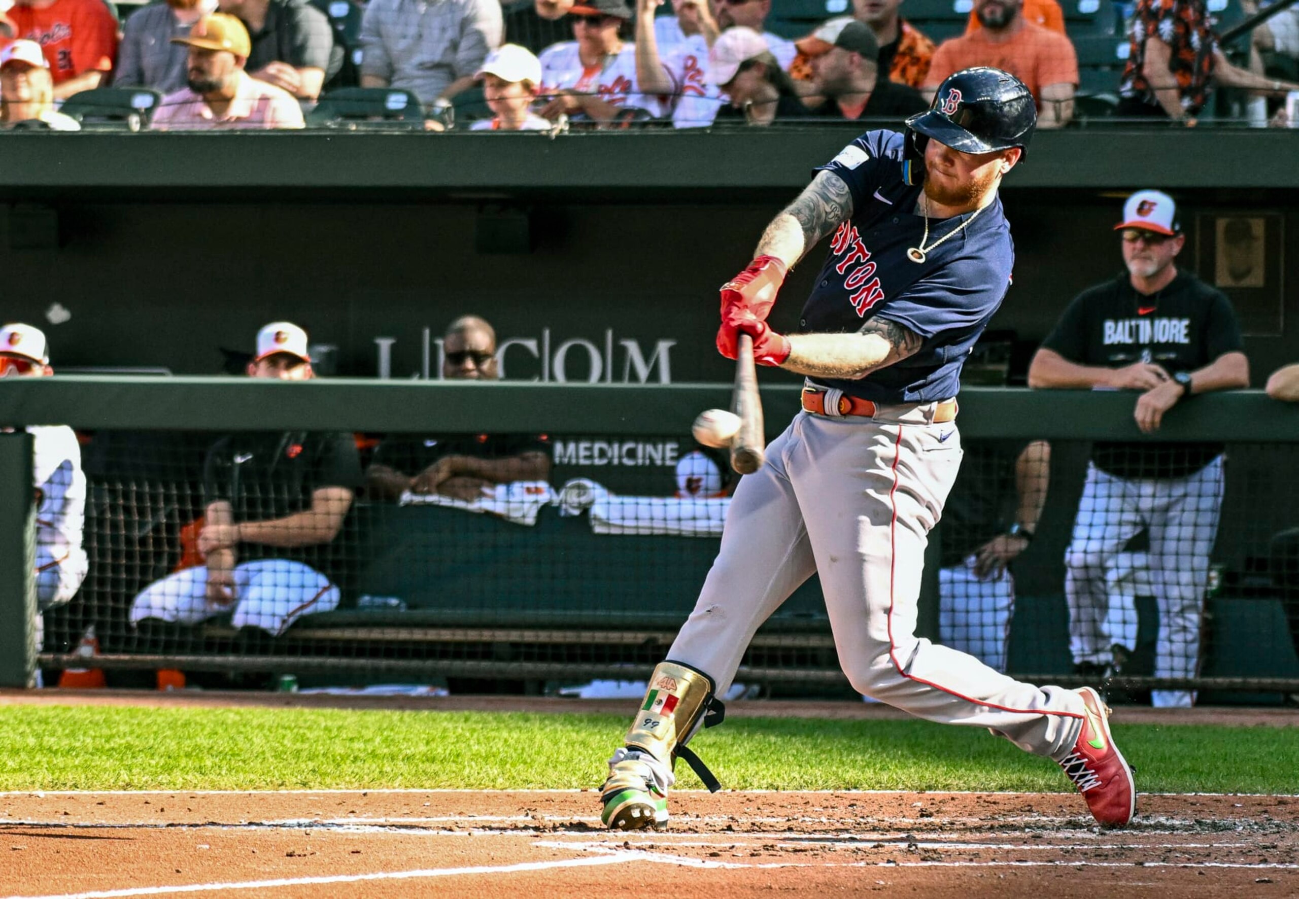 BALTIMORE, MD - October 01: Boston Red Sox right fielder Alex Verdugo (99) bats during the Boston Red Sox versus the Baltimore Orioles on October 1, 2023 at Oriole Park at Camden Yards in Baltimore, MD.  (Photo by Mark Goldman/Icon Sportswire via Getty Images)