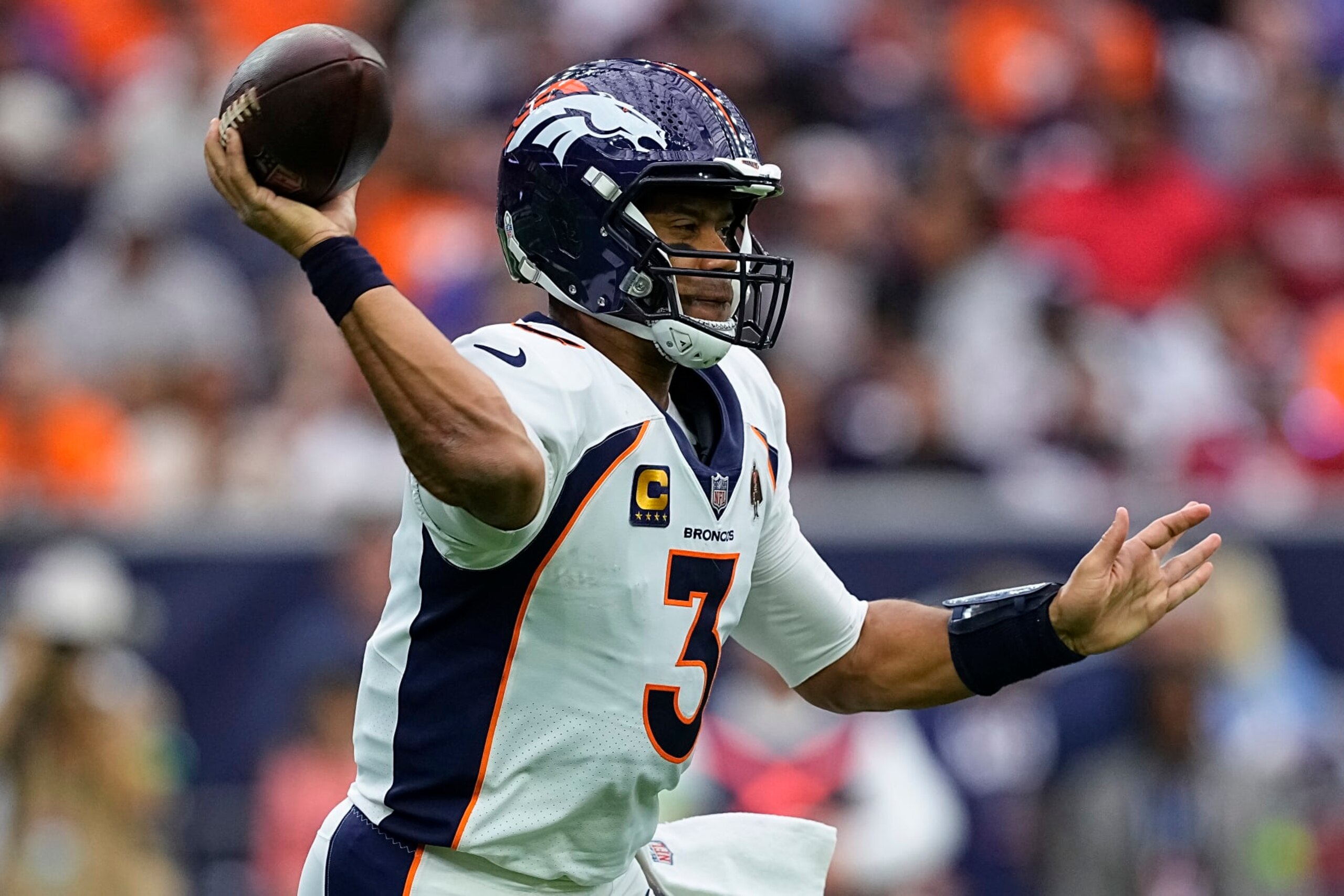 HOUSTON, TEXAS - DECEMBER 03: Russell Wilson #3 of the Denver Broncos throws during the first half against the Houston Texans at NRG Stadium on December 03, 2023 in Houston, Texas. (Photo by Sam Hodde/Getty Images)