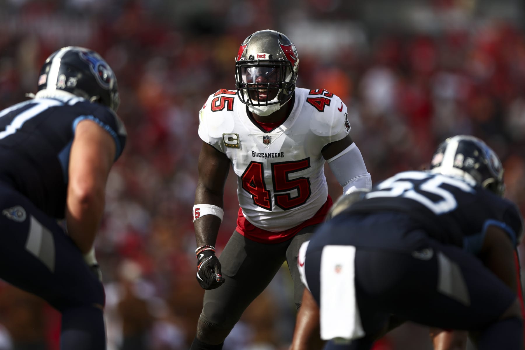 TAMPA, FL - NOVEMBER 12: Devin White #45 of the Tampa Bay Buccaneers lines up before a play during the second quarter of an NFL football game against the Tennessee Titans at Raymond James Stadium on November 12, 2023 in Tampa, Florida. (Photo by Kevin Sabitus/Getty Images)