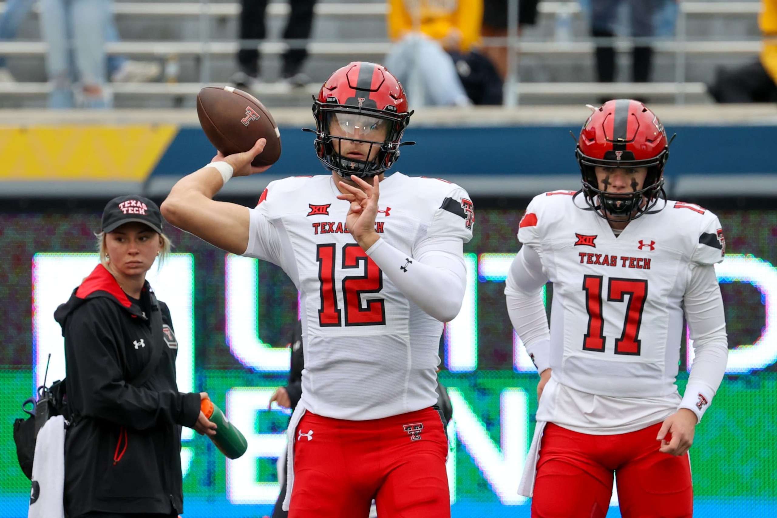 MORGANTOWN, WV - SEPTEMBER 23: Texas Tech Red Raiders quarterback Tyler Shough (12) warms up prior to the college football game between the Texas Tech Red Raiders and the West Virginia Mountaineers on September 23, 2023, at Mountaineer Field at Milan Puskar Stadium in Morgantown, WV.(Photo by Frank Jansky/Icon Sportswire via Getty Images)