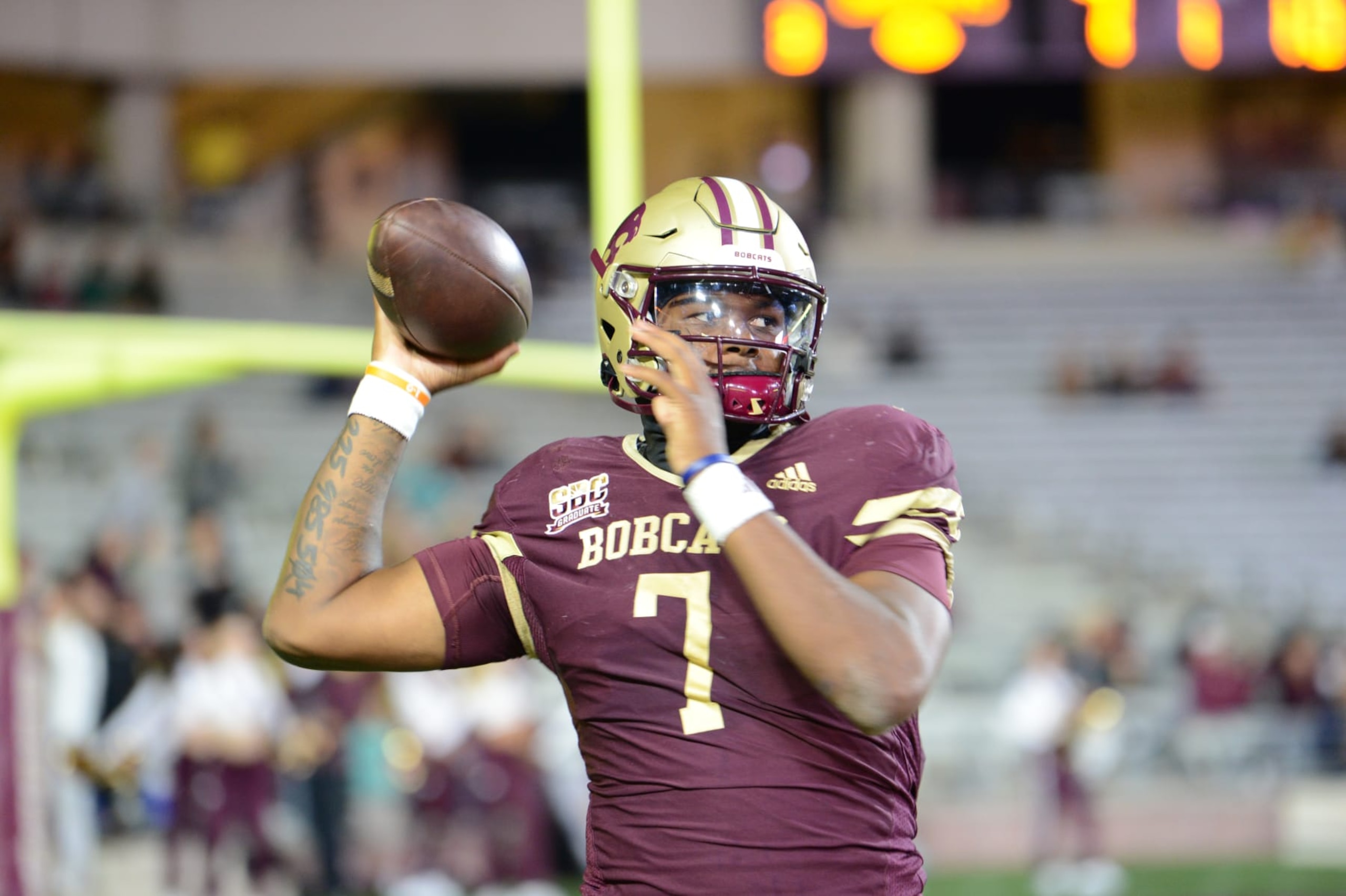 SAN MARCOS, TX - NOVEMBER 25: Texas State Bobcats QB T. J. Finley warms up while in a timeout during Sun Belt Conference game featuring the University of Southern Alabama Jaguars and the Texas State Bobcats on November 25, 2023 at Jim Wacker Field at Bobcat Stadium in San Marcos, TX. (Photo by John Rivera/Icon Sportswire via Getty Images)