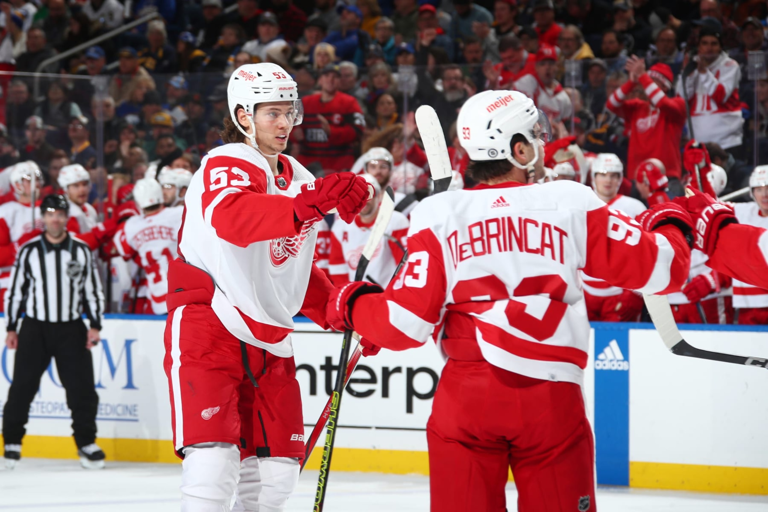 BUFFALO, NEW YORK - DECEMBER 5: Moritz Seider #53 of the Detroit Red Wings celebrates his second period goal against the Buffalo Sabres during an NHL game on December 5, 2023 at KeyBank Center in Buffalo, New York. (Photo by Bill Wippert/NHLI via Getty Images)