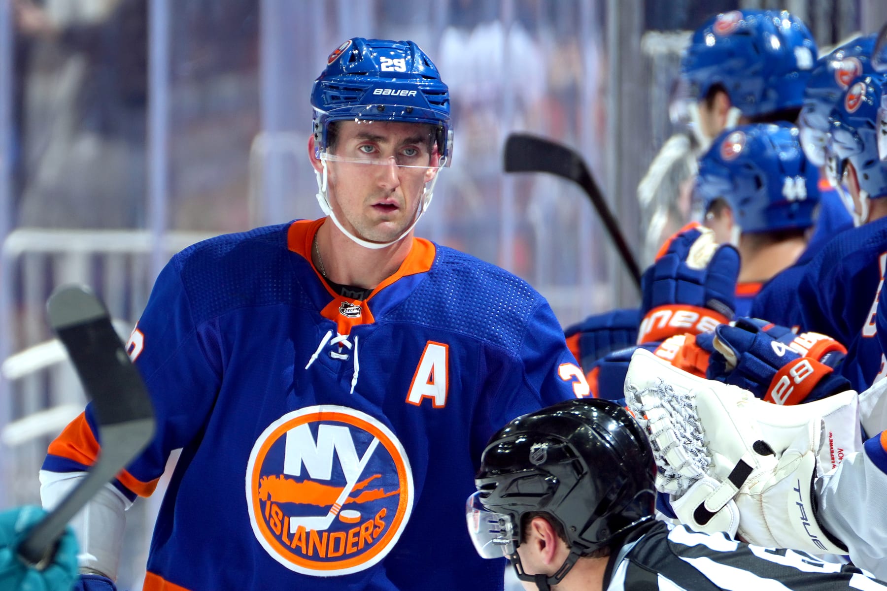 ELMONT, NEW YORK - DECEMBER 05:  Brock Nelson #29 of the New York Islanders is congratulated by his teammates after scoring a goal against the San Jose Sharks during the second period at UBS Arena on December 05, 2023 in Elmont, New York. (Photo by Mike Stobe/NHLI via Getty Images)