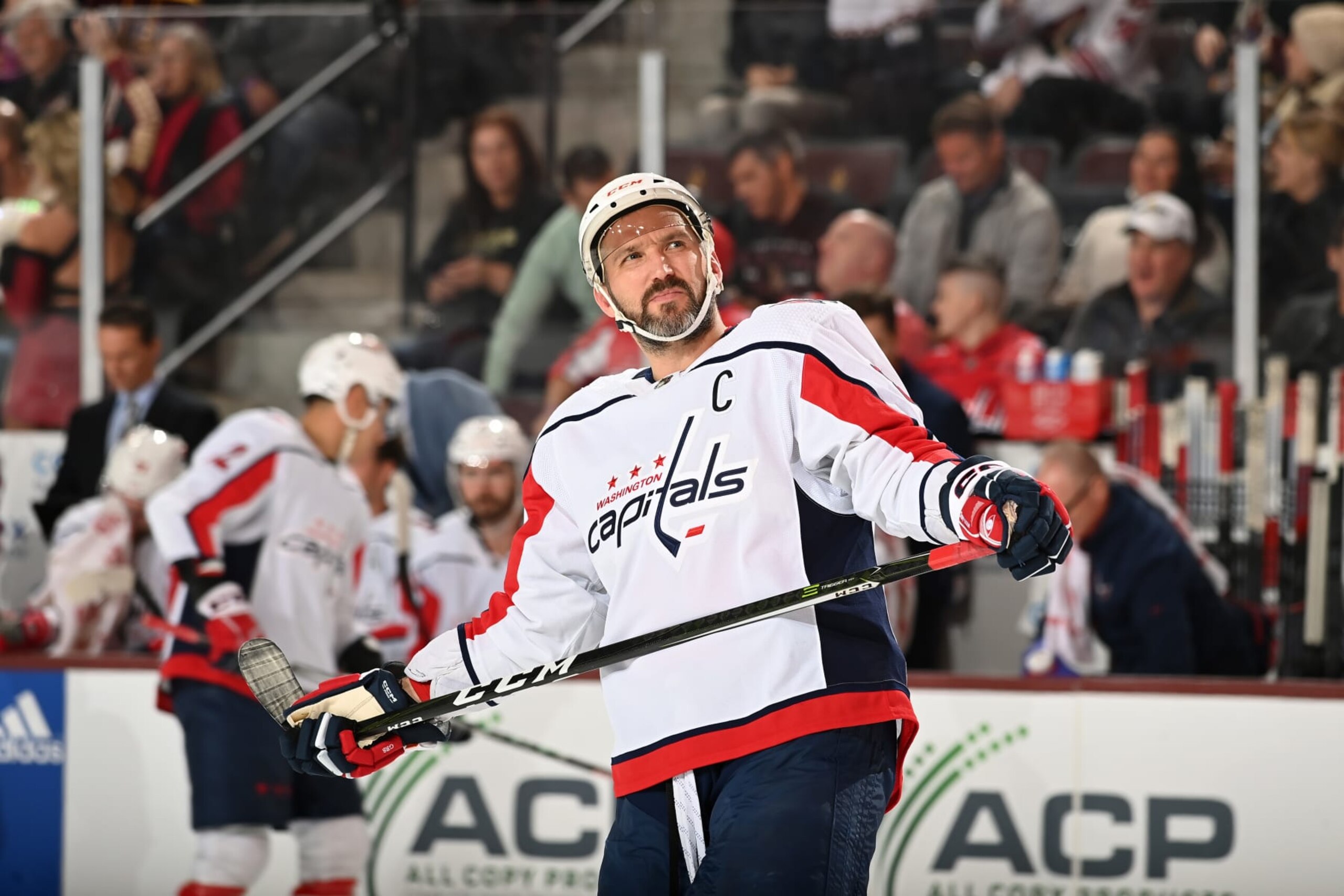 TEMPE, ARIZONA - DECEMBER 04: Alex Ovechkin #8 of the Washington Capitals skates up ice against the Arizona Coyotes at Mullett Arena on December 04, 2023 in Tempe, Arizona. (Photo by Norm Hall/NHLI via Getty Images)