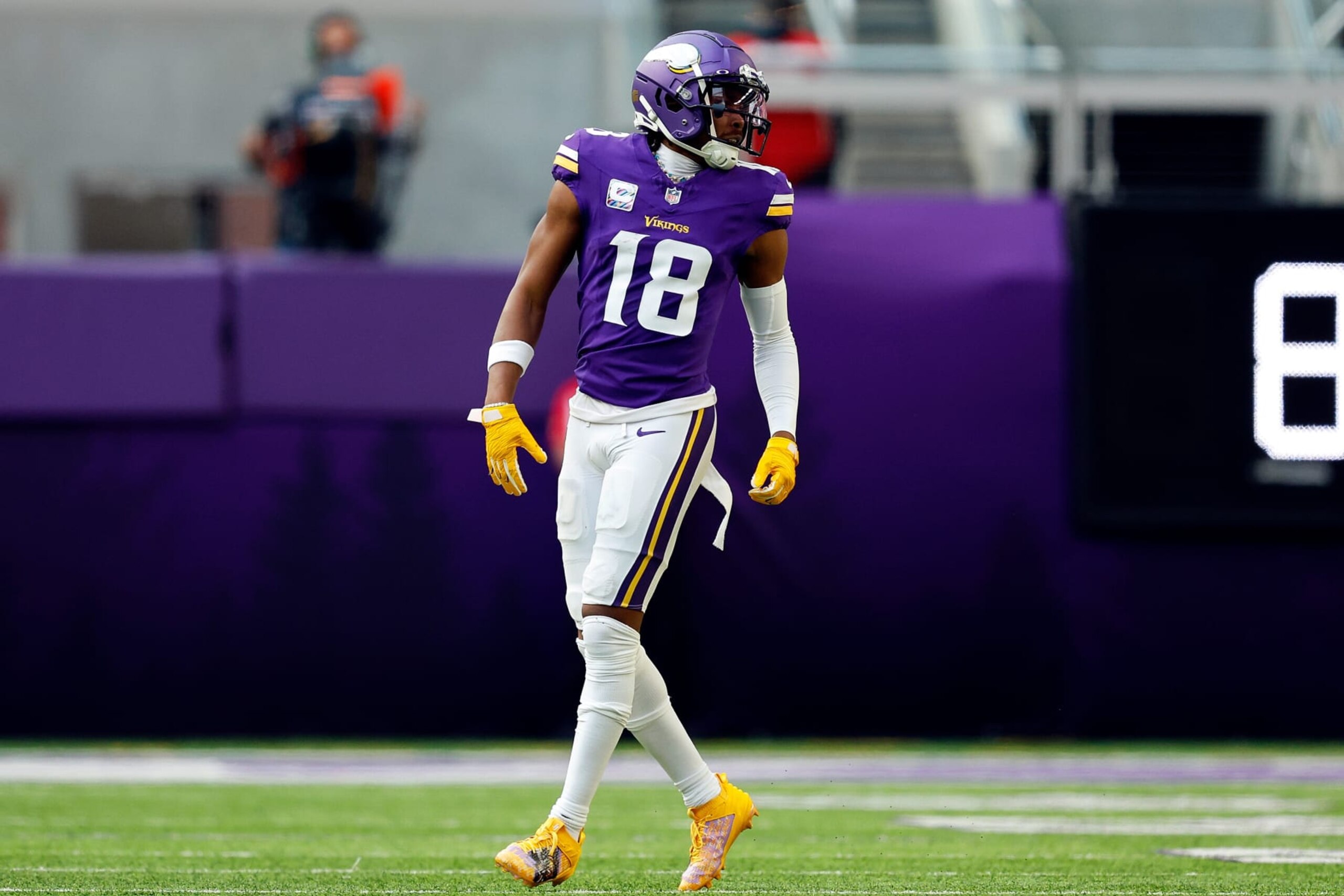 MINNEAPOLIS, MINNESOTA - OCTOBER 08: Justin Jefferson #18 of the Minnesota Vikings looks on against the Kansas City Chiefs in the first half at U.S. Bank Stadium on October 08, 2023 in Minneapolis, Minnesota. The Chiefs defeated the Vikings 27-20. (Photo by David Berding/Getty Images)