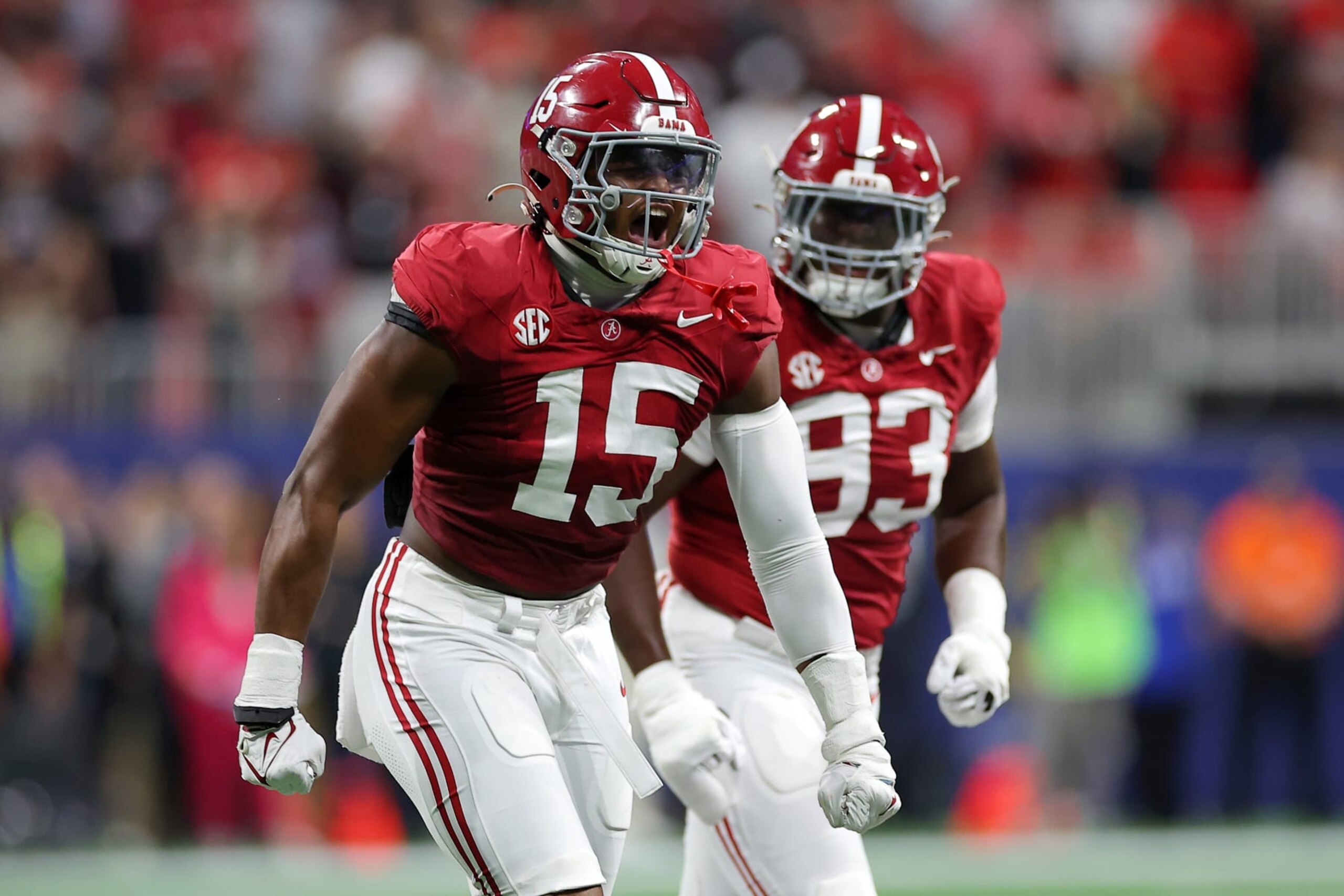 ATLANTA, GEORGIA - DECEMBER 02: Dallas Turner #15 of the Alabama Crimson Tide reacts after a sack during the second quarter against the Georgia Bulldogs in the SEC Championship at Mercedes-Benz Stadium on December 02, 2023 in Atlanta, Georgia. (Photo by Kevin C. Cox/Getty Images)