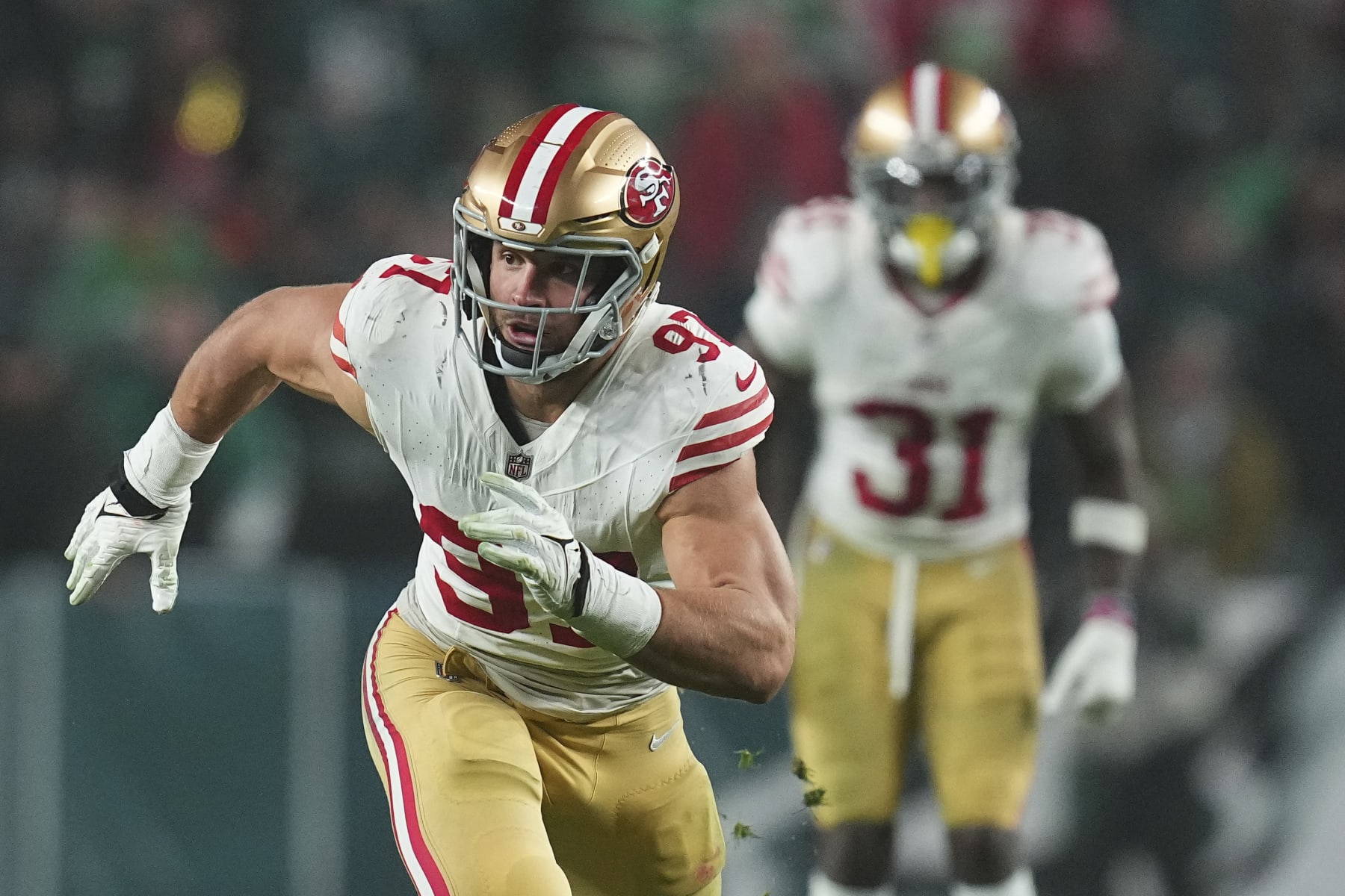 PHILADELPHIA, PENNSYLVANIA - DECEMBER 3: Nick Bosa #97 of the San Francisco 49ers rushes the passer against the Philadelphia Eagles at Lincoln Financial Field on December 3, 2023 in Philadelphia, Pennsylvania. (Photo by Mitchell Leff/Getty Images)