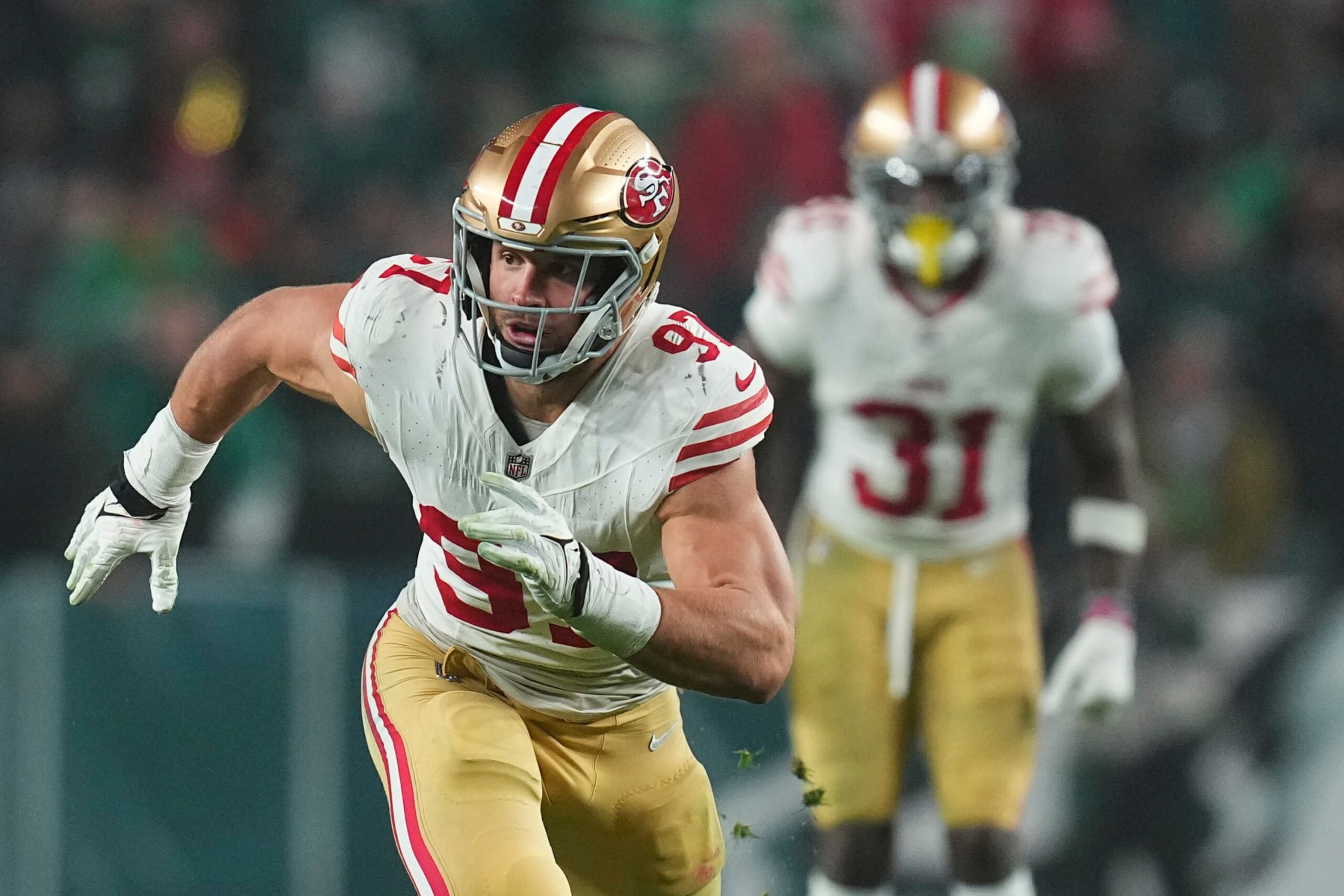PHILADELPHIA, PENNSYLVANIA - DECEMBER 3: Nick Bosa #97 of the San Francisco 49ers rushes the passer against the Philadelphia Eagles at Lincoln Financial Field on December 3, 2023 in Philadelphia, Pennsylvania. (Photo by Mitchell Leff/Getty Images)