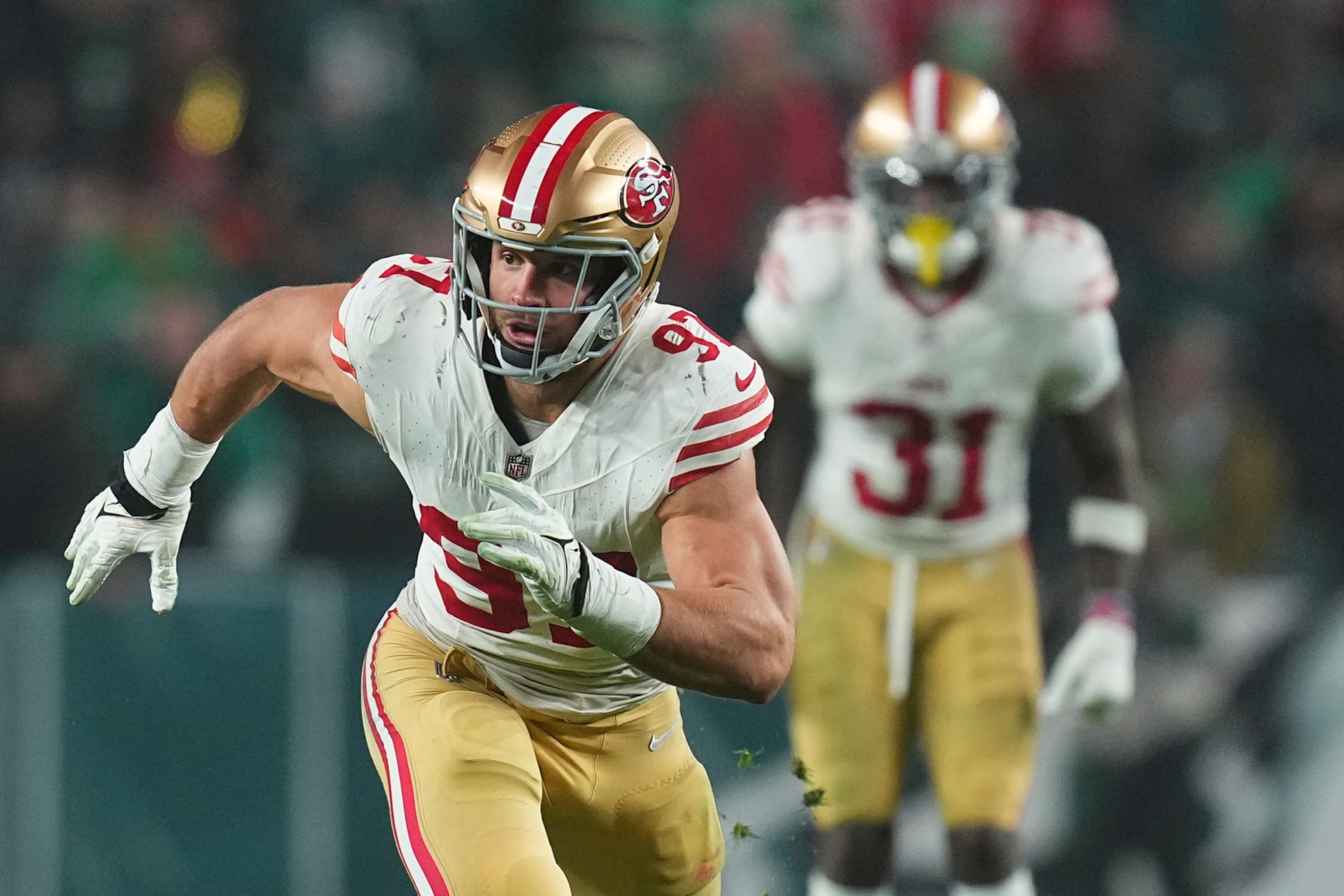 PHILADELPHIA, PENNSYLVANIA - DECEMBER 3: Nick Bosa #97 of the San Francisco 49ers rushes the passer against the Philadelphia Eagles at Lincoln Financial Field on December 3, 2023 in Philadelphia, Pennsylvania. (Photo by Mitchell Leff/Getty Images) PHILADELPHIA, PENNSYLVANIA - DECEMBER 3: Nick Bosa #97 of the San Francisco 49ers rushes the passer against the Philadelphia Eagles at Lincoln Financial Field on December 3, 2023 in Philadelphia, Pennsylvania. (Photo by Mitchell Leff/Getty Images)