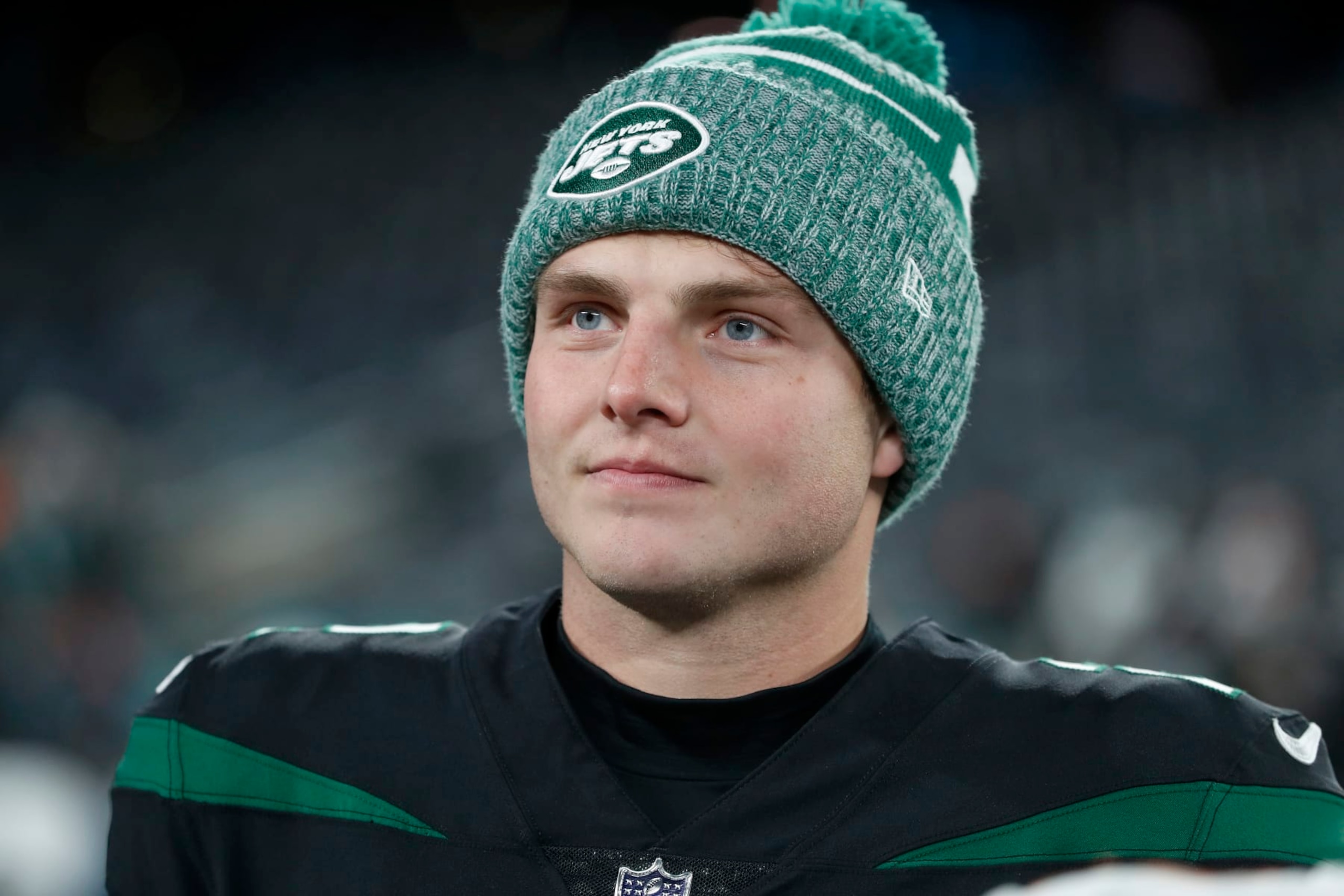 EAST RUTHERFORD, NEW JERSEY - NOVEMBER 24: (NEW YORK DAILIES OUT)  Zach Wilson #2 of the New York Jets looks on after a game against the Miami Dolphins at MetLife Stadium on November 24, 2023 in East Rutherford, New Jersey. The Dolphins defeated the Jets 34-13.  (Photo by Jim McIsaac/Getty Images)