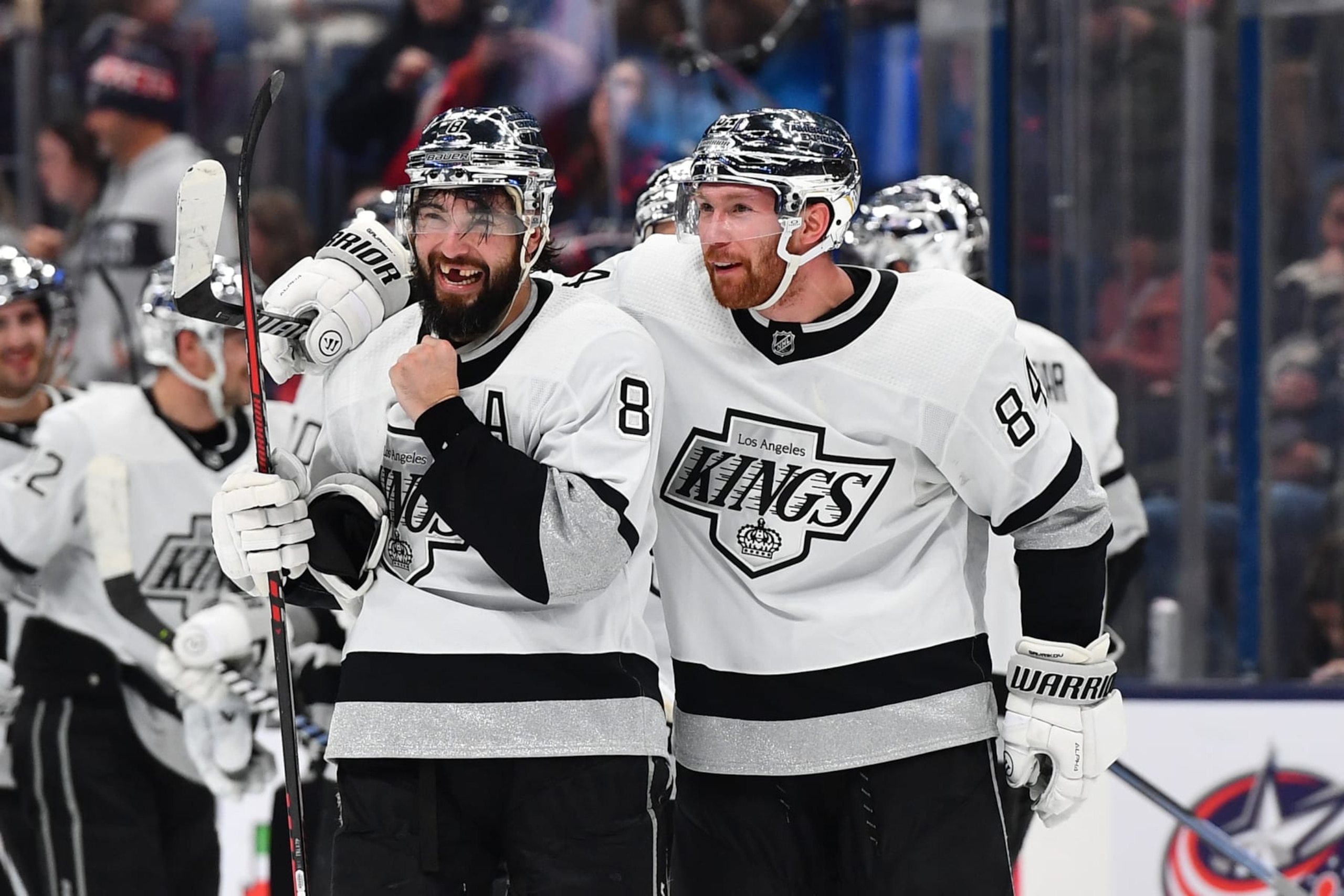 COLUMBUS, OHIO - December 5: Drew Doughty #8 of the Los Angeles Kings celebrates his game-winning overtime goal with teammate Vladislav Gavrikov #84 of the Los Angeles Kings in a game against the Columbus Blue Jackets at Nationwide Arena on December 5, 2023 in Columbus, Ohio. (Photo by Ben Jackson/NHLI via Getty Images)