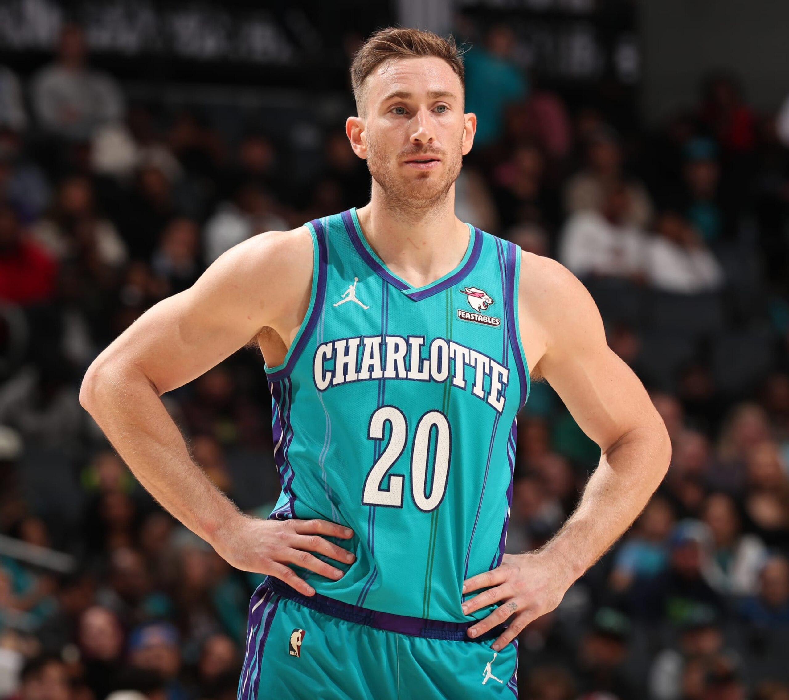 CHARLOTTE, NC - DECEMBER 2: Gordon Hayward #20 of the Charlotte Hornets looks on during the game against the Minnesota Timberwolves on December 2, 2023 at Spectrum Center in Charlotte, North Carolina. NOTE TO USER: User expressly acknowledges and agrees that, by downloading and or using this photograph, User is consenting to the terms and conditions of the Getty Images License Agreement. Mandatory Copyright Notice: Copyright 2023 NBAE (Photo by Kent Smith/NBAE via Getty Images)
