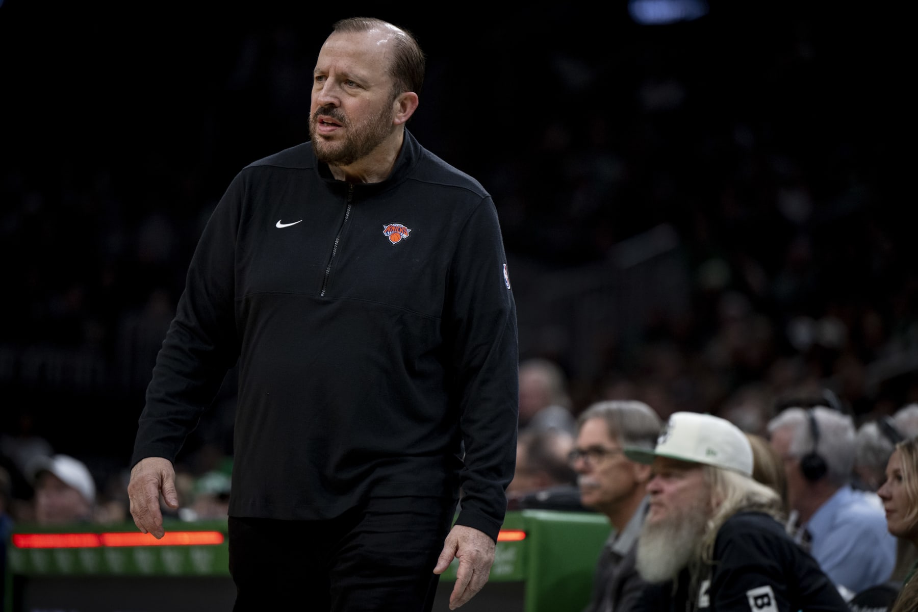 BOSTON, MASSACHUSETTS - NOVEMBER 13: Head coach Tom Thibodeau of the New York Knicks looks on during the first quarter against the Boston Celtics at TD Garden on November 13, 2023 in Boston, Massachusetts. NOTE TO USER: User expressly acknowledges and agrees that, by downloading and or using this photograph, User is consenting to the terms and conditions of the Getty Images License Agreement. (Photo by Maddie Malhotra/Getty Images)
