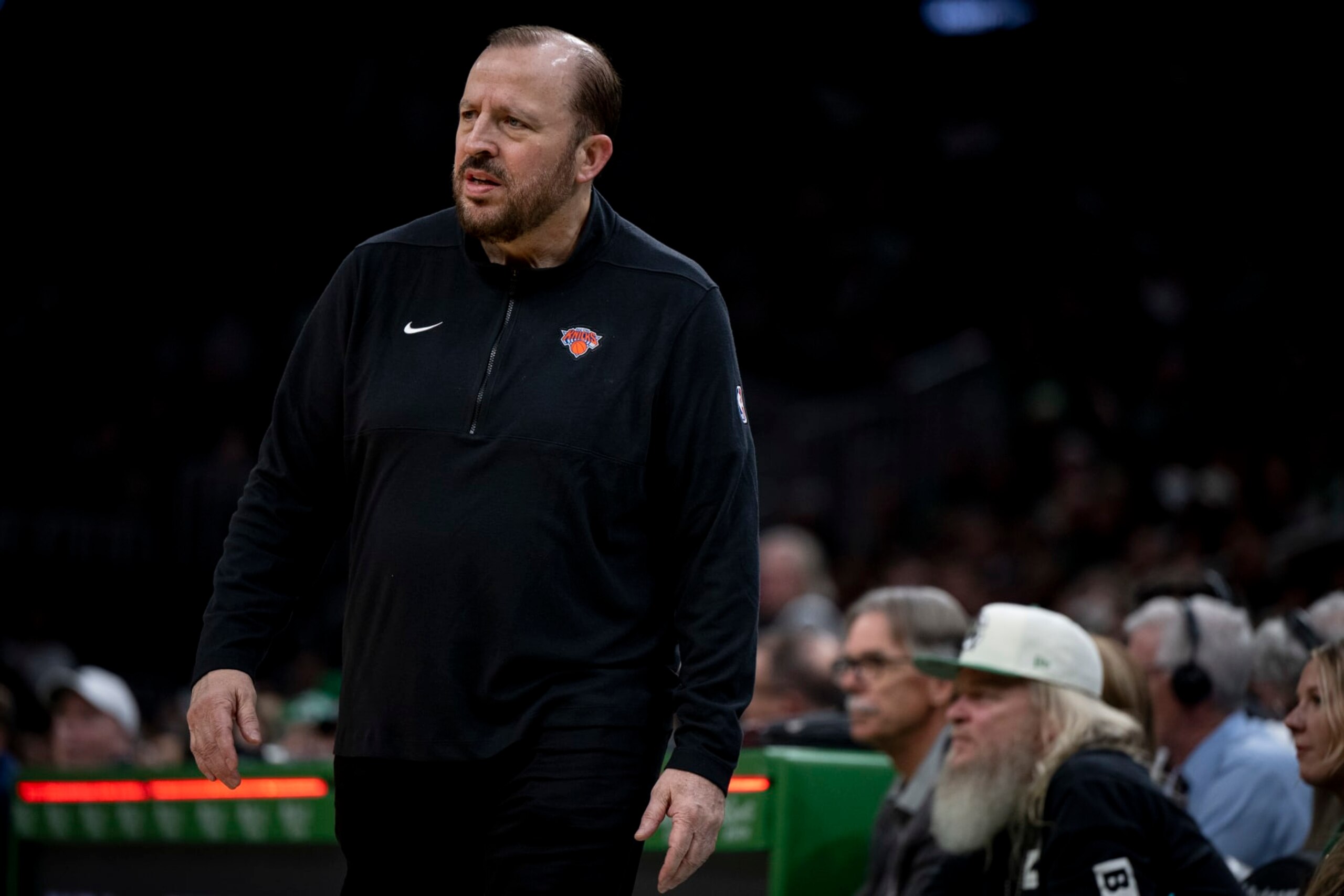 BOSTON, MASSACHUSETTS - NOVEMBER 13: Head coach Tom Thibodeau of the New York Knicks looks on during the first quarter against the Boston Celtics at TD Garden on November 13, 2023 in Boston, Massachusetts. NOTE TO USER: User expressly acknowledges and agrees that, by downloading and or using this photograph, User is consenting to the terms and conditions of the Getty Images License Agreement. (Photo by Maddie Malhotra/Getty Images)
