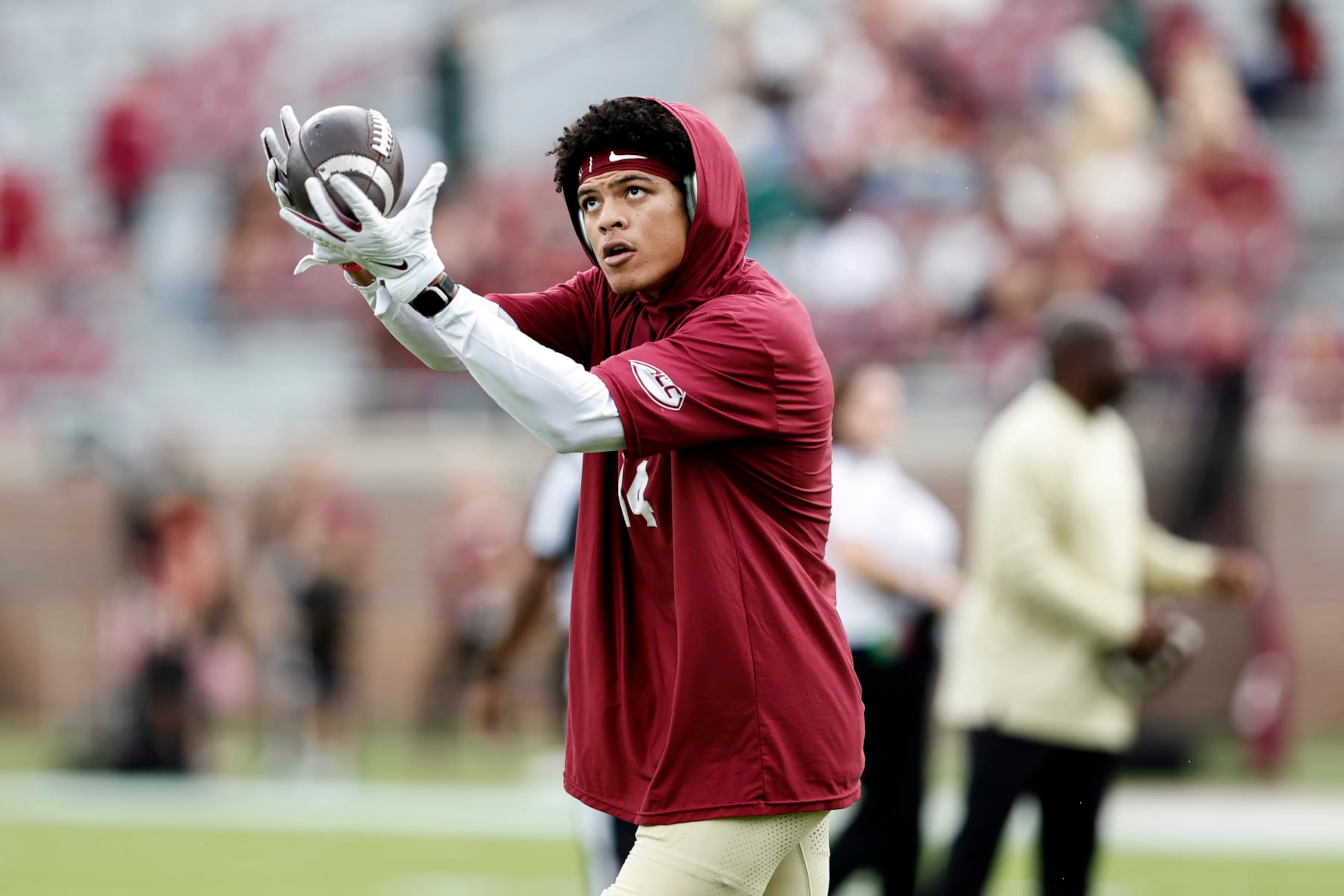 TALLAHASSEE, FL - NOVEMBER 11: Wide Receiver Johnny Wilson #14 of the Florida State Seminoles makes a catch before the game against the Miami Hurricanes at Bobby Bowden Field at Doak S. Campbell Stadium on November 11, 2023 in Tallahassee, Florida. (Photo by Don Juan Moore/Getty Images) TALLAHASSEE, FL - NOVEMBER 11: Wide Receiver Johnny Wilson #14 of the Florida State Seminoles makes a catch before the game against the Miami Hurricanes at Bobby Bowden Field at Doak S. Campbell Stadium on November 11, 2023 in Tallahassee, Florida. (Photo by Don Juan Moore/Getty Images)