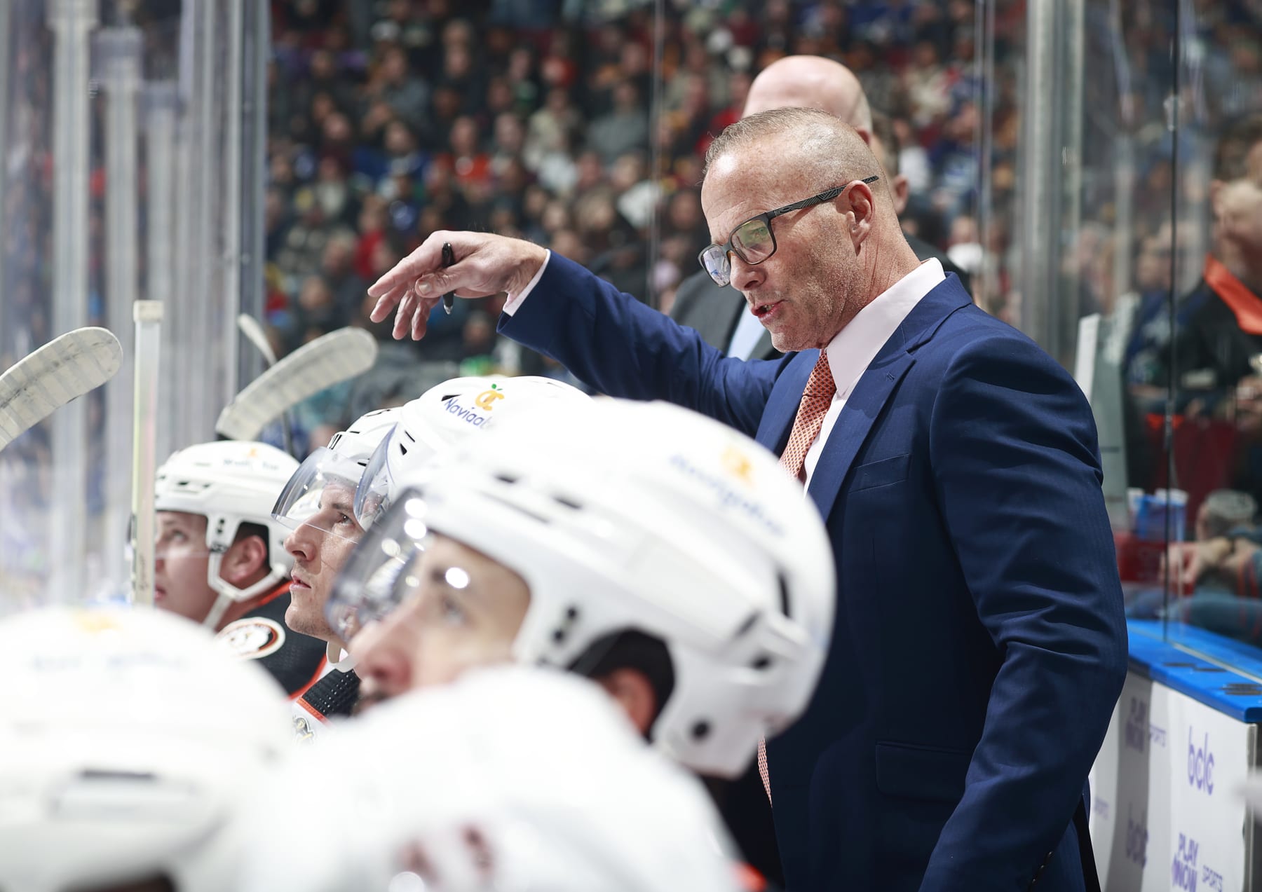 VANCOUVER, CANADA - NOVEMBER 28: Head coach Greg Cronin of the Anaheim Ducks looks on from the bench during their NHL game against the Vancouver Canucks at Rogers Arena on November 28, 2023 in Vancouver, British Columbia, Canada.  (Photo by Jeff Vinnick/NHLI via Getty Images)
