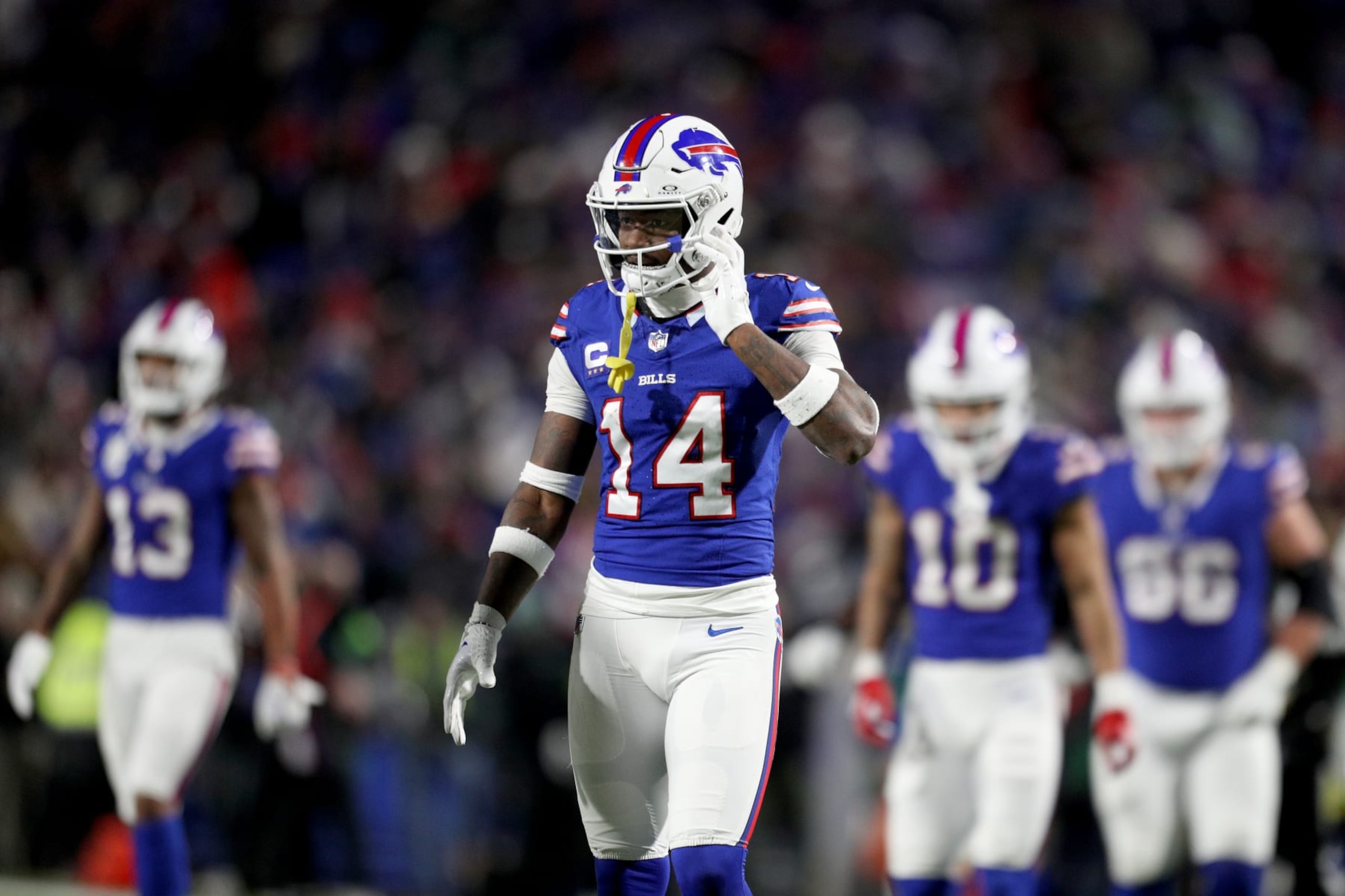 ORCHARD PARK, NEW YORK - NOVEMBER 19: Stefon Diggs #14 of the Buffalo Bills walks to the tunnel during halftime against the New York Jets at Highmark Stadium on November 19, 2023 in Orchard Park, New York. (Photo by Bryan Bennett/Getty Images) ORCHARD PARK, NEW YORK - NOVEMBER 19: Stefon Diggs #14 of the Buffalo Bills walks to the tunnel during halftime against the New York Jets at Highmark Stadium on November 19, 2023 in Orchard Park, New York. (Photo by Bryan Bennett/Getty Images)