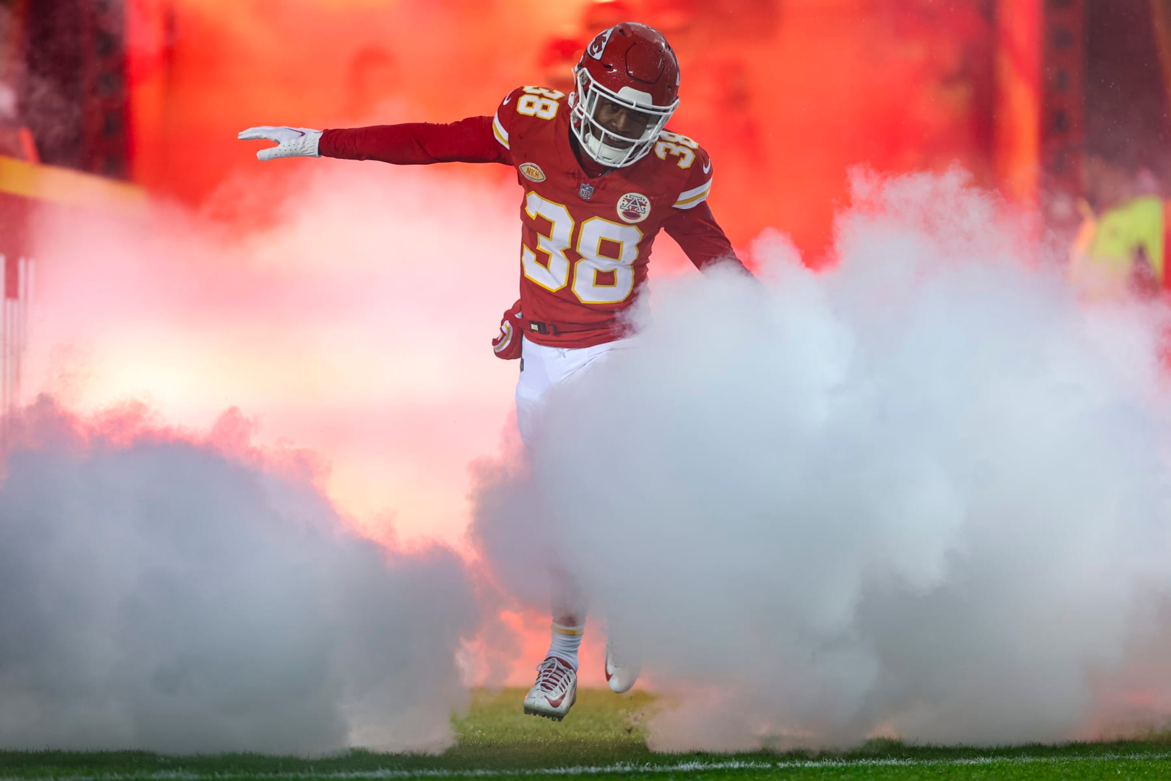 KANSAS CITY, MO - NOVEMBER 20: L'Jarius Sneed #38 of the Kansas City Chiefs runs out of the tunnel prior to an NFL football game against the Philadelphia Eagles at GEHA Field at Arrowhead Stadium on November 20, 2023 in Kansas City, Missouri. (Photo by Perry Knotts/Getty Images)
