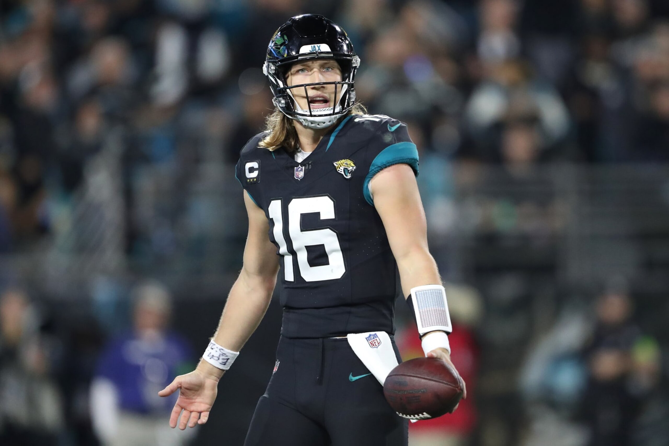 JACKSONVILLE, FLORIDA - DECEMBER 04: Trevor Lawrence #16 of the Jacksonville Jaguars reacts during the second half of a game against the Cincinnati Bengals at EverBank Stadium on December 04, 2023 in Jacksonville, Florida. (Photo by Courtney Culbreath/Getty Images)