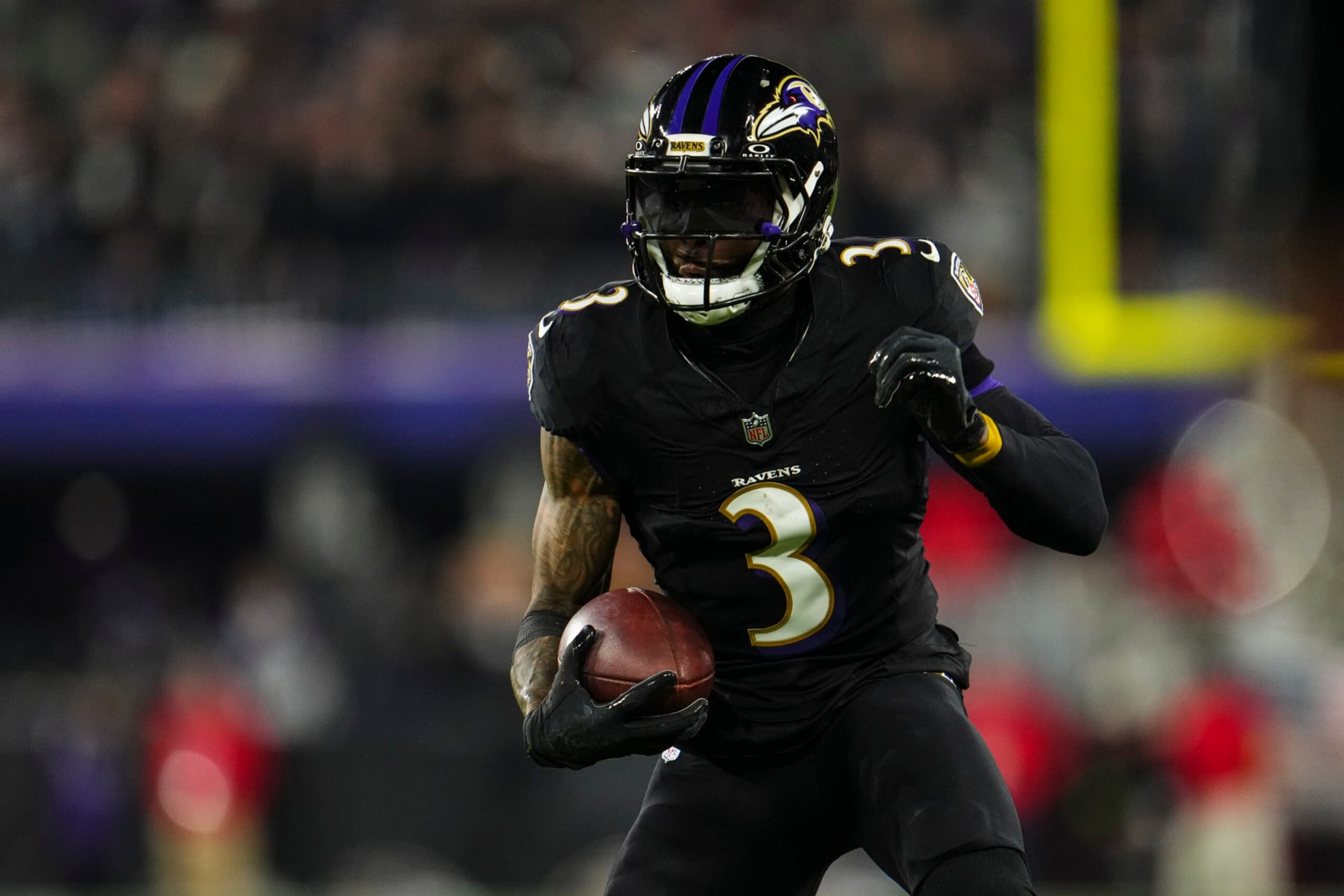 BALTIMORE, MD - NOVEMBER 16: Odell Beckham Jr. #3 of the Baltimore Ravens runs the ball during an NFL football game against the Cincinnati Bengals at M&T Bank Stadium on November 16, 2023 in Baltimore, Maryland. (Photo by Cooper Neill/Getty Images)