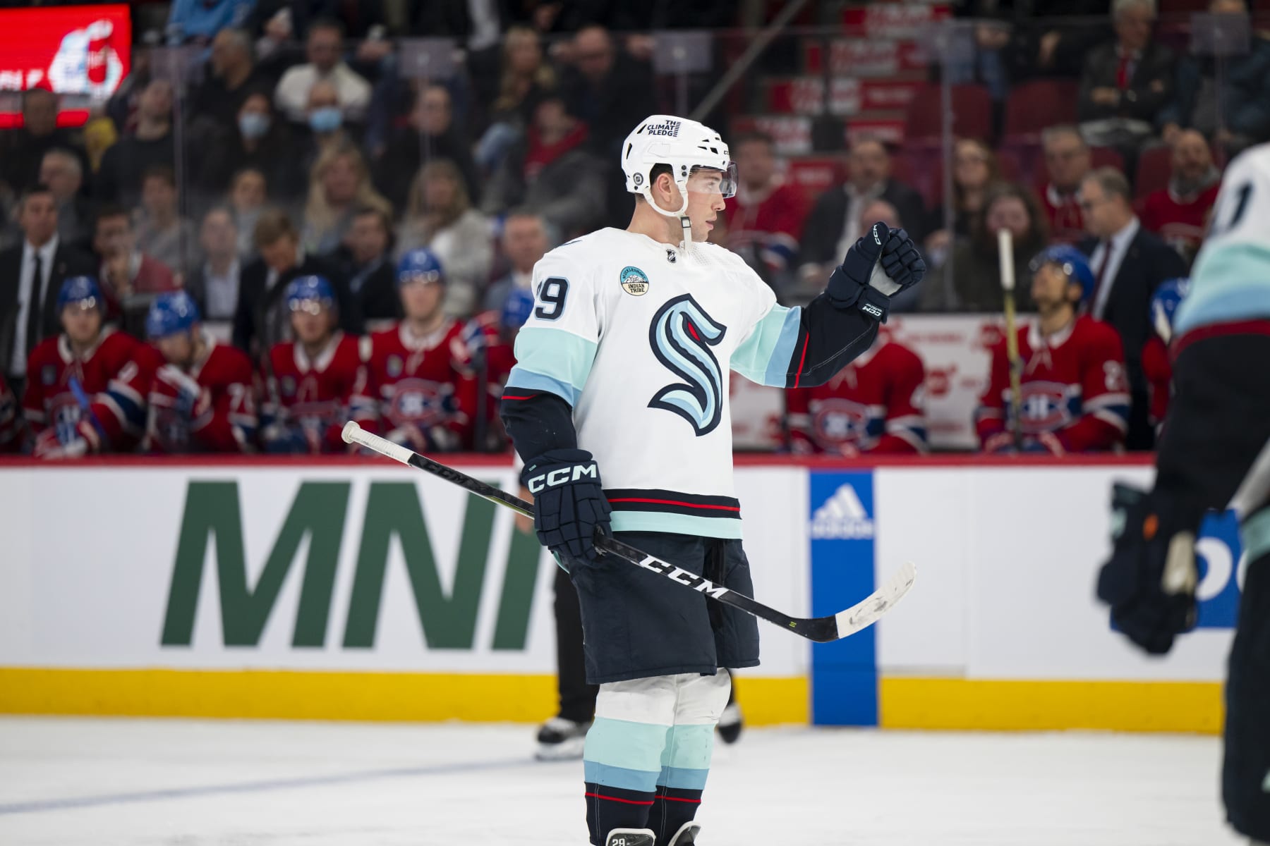 MONTREAL, CANADA - DECEMBER 4: Vince Dunn #29 of the Seattle Kraken celebrates after a goal during the third period of the NHL regular season game between the Montreal Canadiens and the Seattle Kraken at the Bell Centre on December 4, 2023 in Montreal, Quebec, Canada. (Photo by Matt Garies/NHLI via Getty Images)