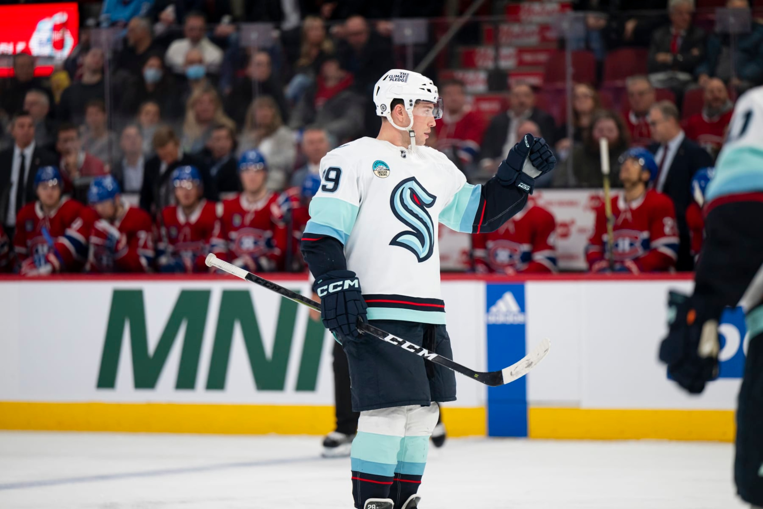 MONTREAL, CANADA - DECEMBER 4: Vince Dunn #29 of the Seattle Kraken celebrates after a goal during the third period of the NHL regular season game between the Montreal Canadiens and the Seattle Kraken at the Bell Centre on December 4, 2023 in Montreal, Quebec, Canada. (Photo by Matt Garies/NHLI via Getty Images)