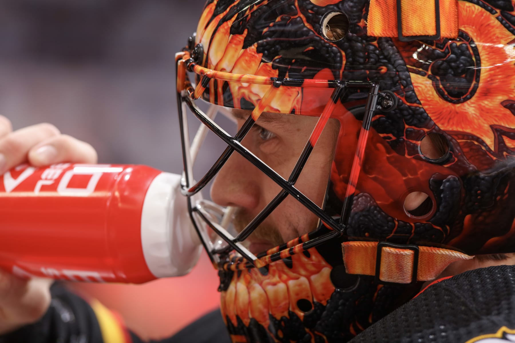 CALGARY, ALBERTA - DECEMBER 02: Jacob Markstrom #25 of the Calgary Flames skates before the game against the Vancouver Canucks at the Scotiabank Saddledome on December 02, 2023 in Calgary, Alberta. (Photo by Gerry Thomas/NHLI via Getty Images)