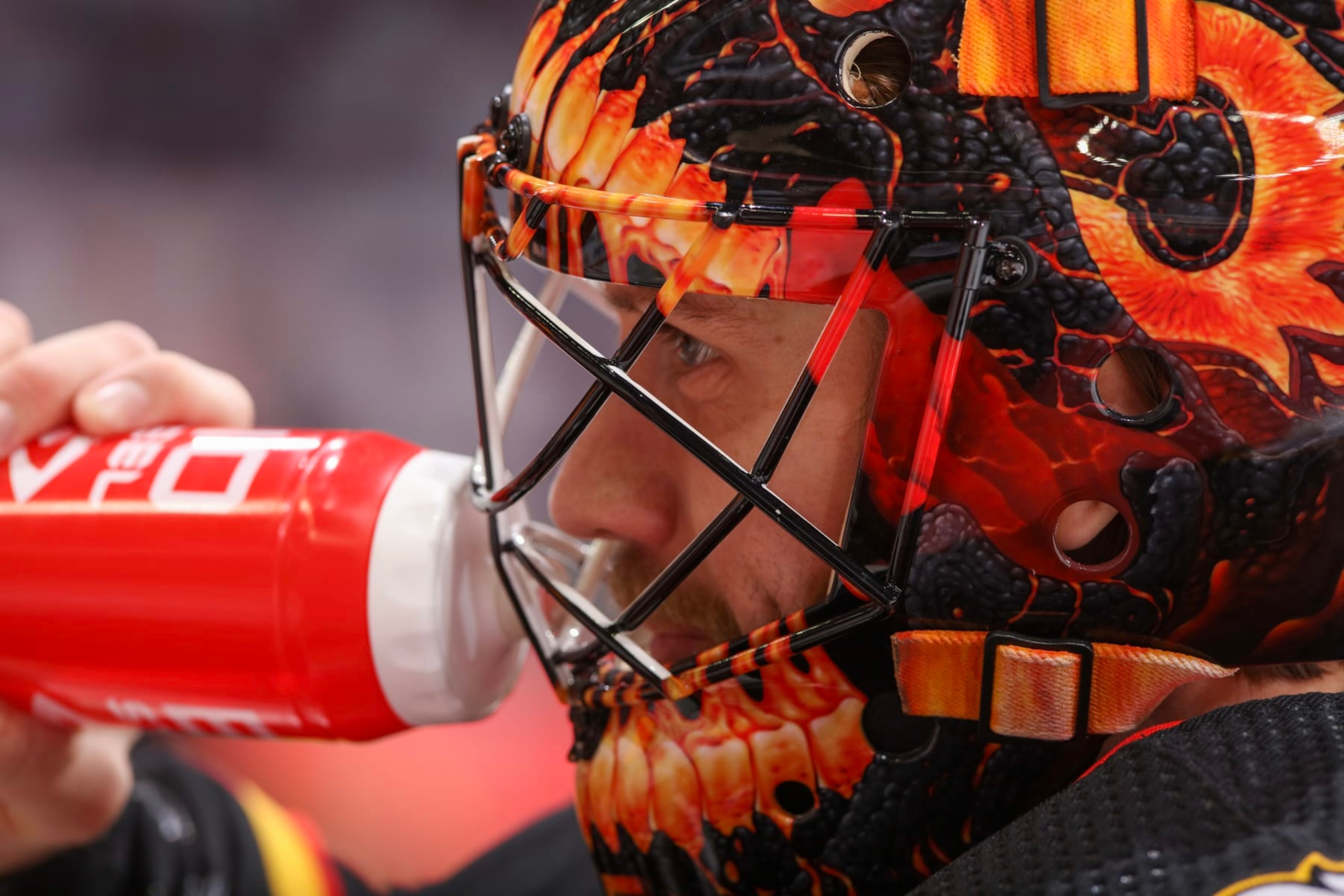 CALGARY, ALBERTA - DECEMBER 02: Jacob Markstrom #25 of the Calgary Flames skates before the game against the Vancouver Canucks at the Scotiabank Saddledome on December 02, 2023 in Calgary, Alberta. (Photo by Gerry Thomas/NHLI via Getty Images)
