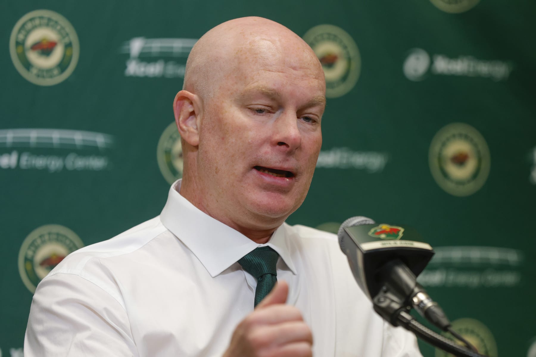 SAINT PAUL, MN - NOVEMBER 28: Minnesota Wild head coach John Hynes speaks with the media after defeating the St. Louis Blues at the Xcel Energy Center on November 28, 2023 in Saint Paul, Minnesota. (Photo by Bruce Kluckhohn/NHLI via Getty Images)