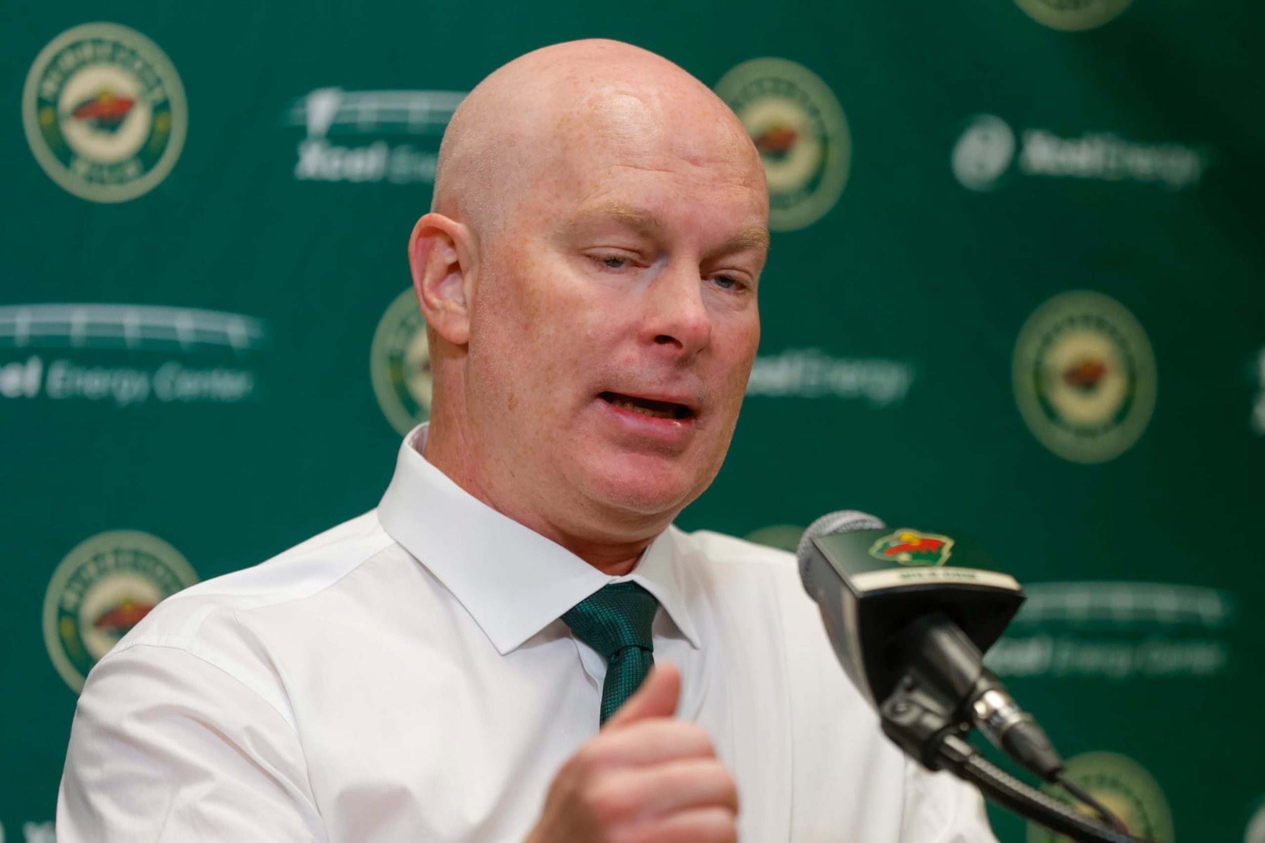 SAINT PAUL, MN - NOVEMBER 28: Minnesota Wild head coach John Hynes speaks with the media after defeating the St. Louis Blues at the Xcel Energy Center on November 28, 2023 in Saint Paul, Minnesota. (Photo by Bruce Kluckhohn/NHLI via Getty Images)