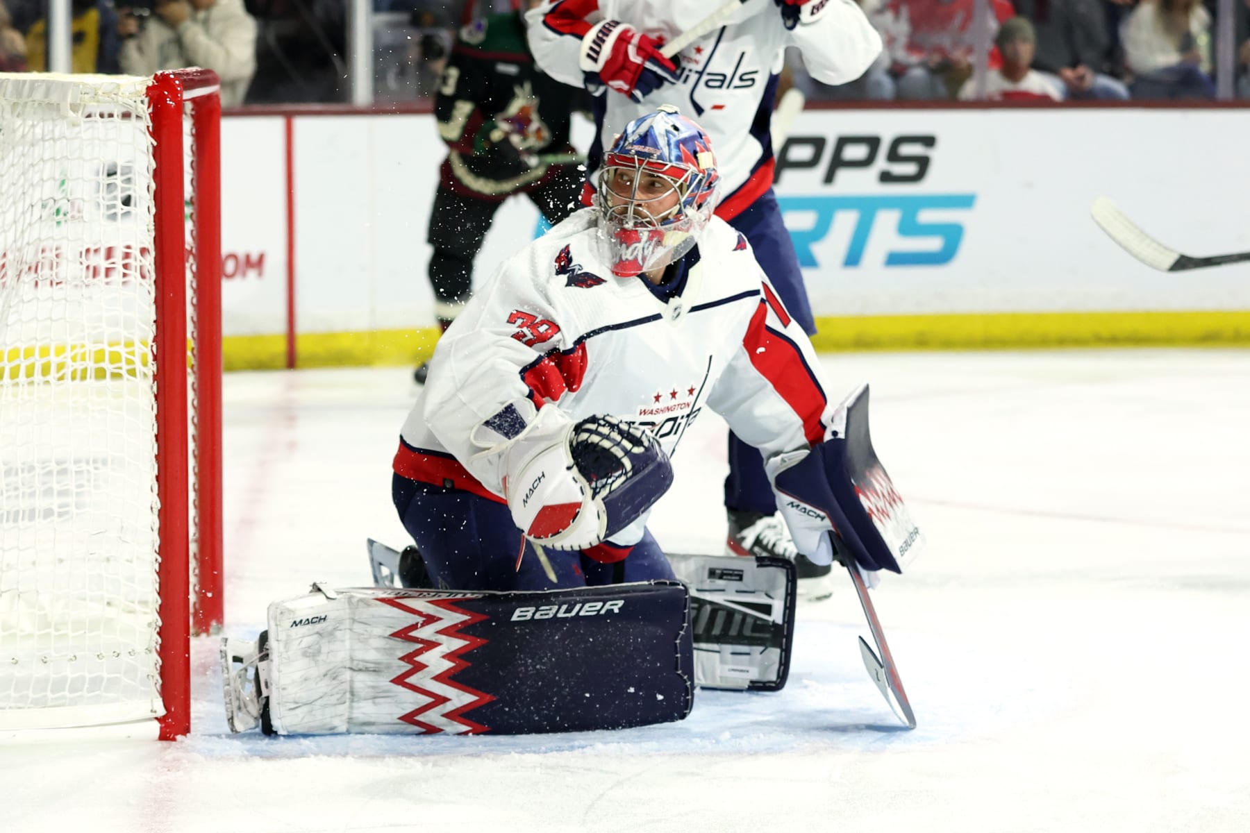 TEMPE, ARIZONA - DECEMBER 04: Charlie Lindgren #79 of the Washington Capitals makes a save against the Arizona Coyotes during the second period at Mullett Arena on December 04, 2023 in Tempe, Arizona. (Photo by Zac BonDurant/Getty Images)