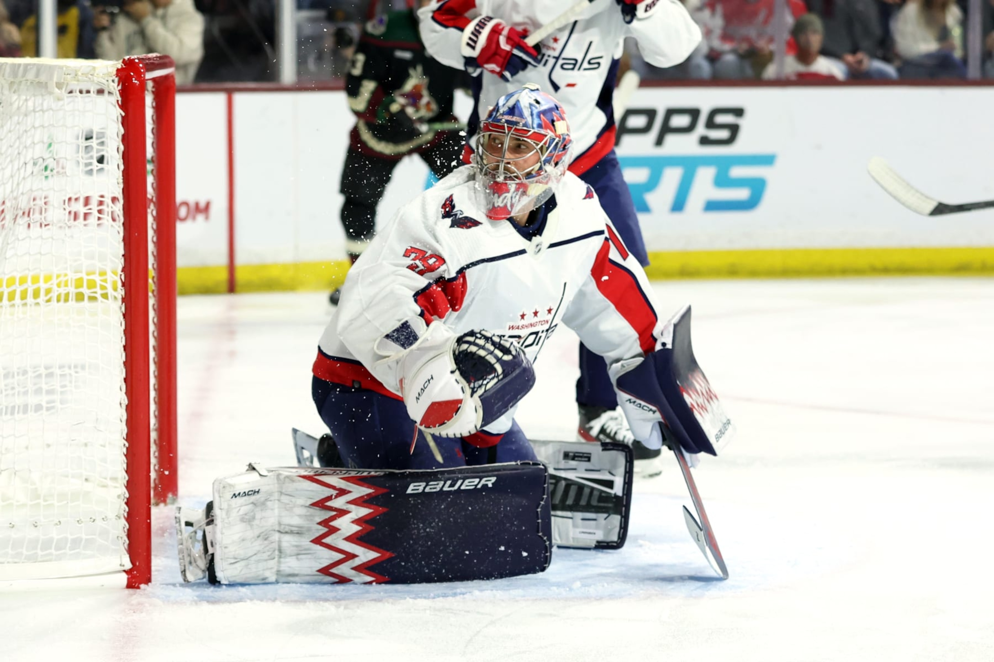 TEMPE, ARIZONA - DECEMBER 04: Charlie Lindgren #79 of the Washington Capitals makes a save against the Arizona Coyotes during the second period at Mullett Arena on December 04, 2023 in Tempe, Arizona. (Photo by Zac BonDurant/Getty Images) TEMPE, ARIZONA - DECEMBER 04: Charlie Lindgren #79 of the Washington Capitals makes a save against the Arizona Coyotes during the second period at Mullett Arena on December 04, 2023 in Tempe, Arizona. (Photo by Zac BonDurant/Getty Images)