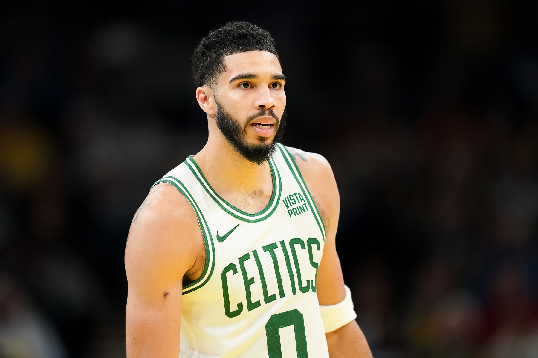 INDIANAPOLIS, INDIANA - DECEMBER 04: Jayson Tatum #0 of the Boston Celtics looks on in the third quarter against the Indiana Pacers during the NBA In-Season Tournament at Gainbridge Fieldhouse on December 04, 2023 in Indianapolis, Indiana. NOTE TO USER: User expressly acknowledges and agrees that, by downloading and or using this photograph, User is consenting to the terms and conditions of the Getty Images License Agreement. (Photo by Dylan Buell/Getty Images)