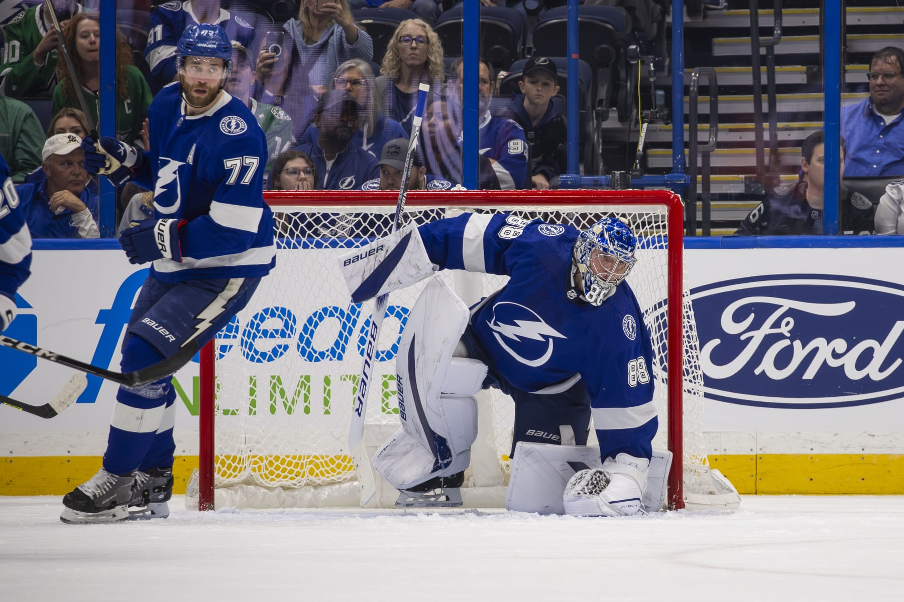 TAMPA, FL - DECEMBER 4: Andrei Vasilevskiy #88 of the Tampa Bay Lightning against the Dallas Stars during the first period at Amalie Arena on December 4, 2023 in Tampa, Florida. (Photo by Mark LoMoglio/NHLI via Getty Images)